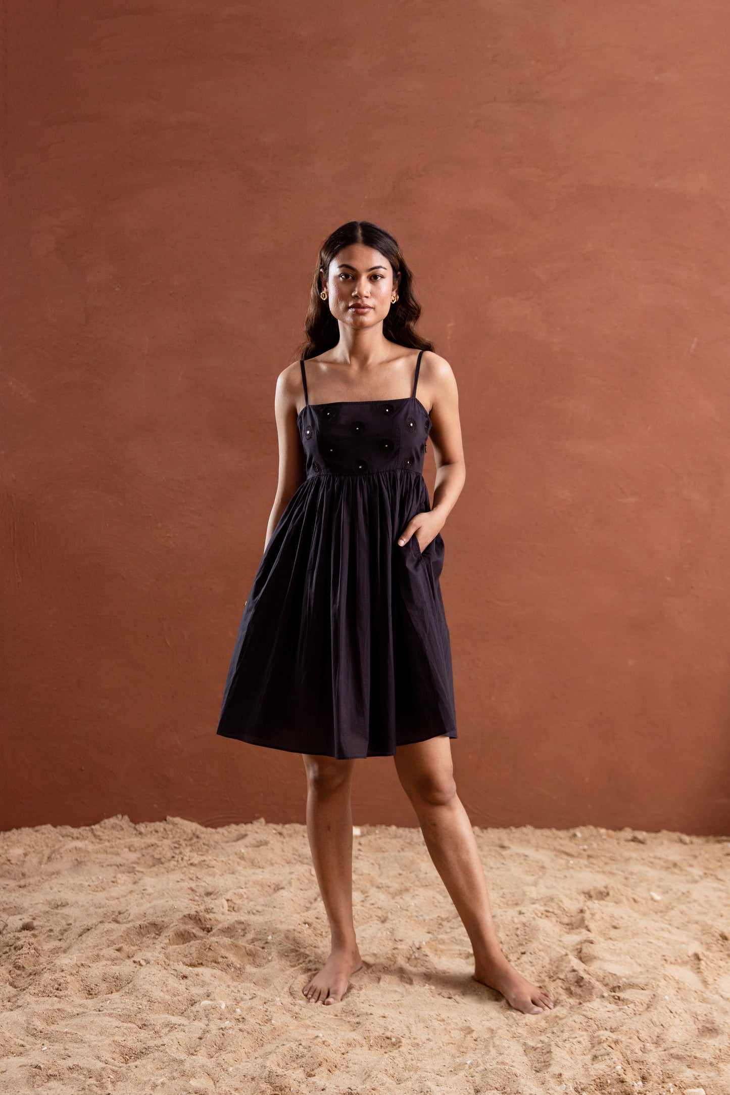 Solid Black Strappy Square Neck Short Dress