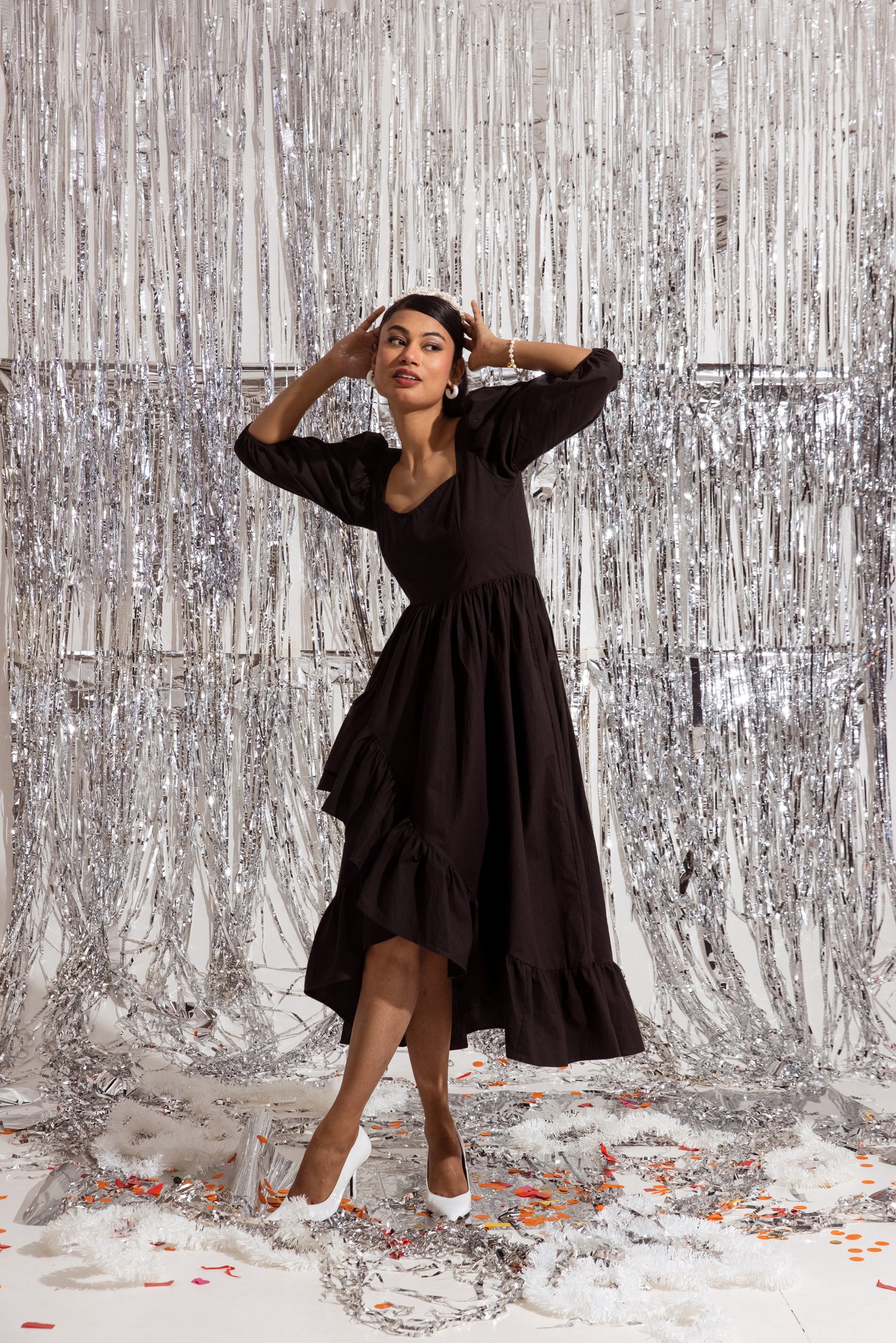 Black Sleeved Ruffled Dress