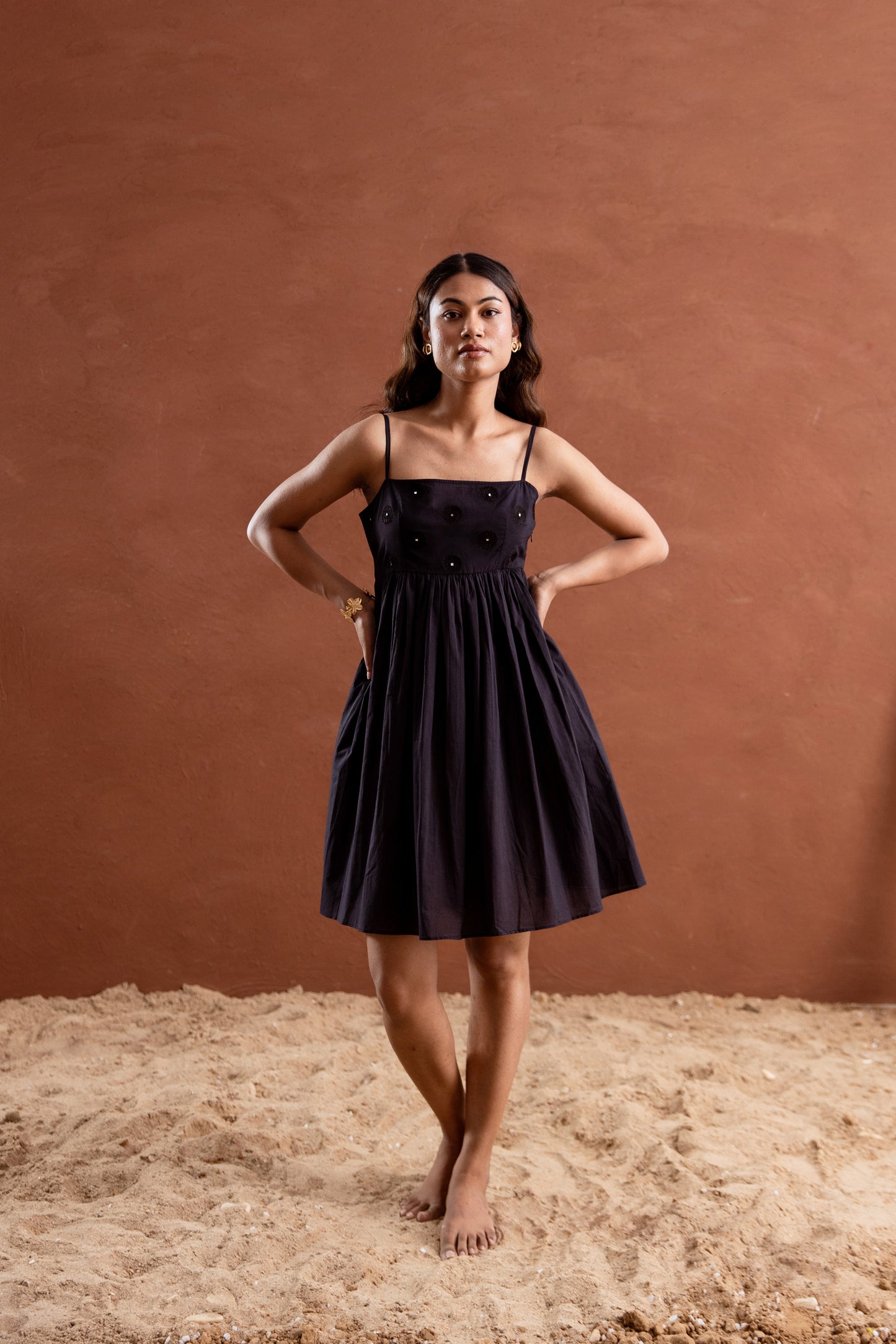 Solid Black Strappy Square Neck Short Dress