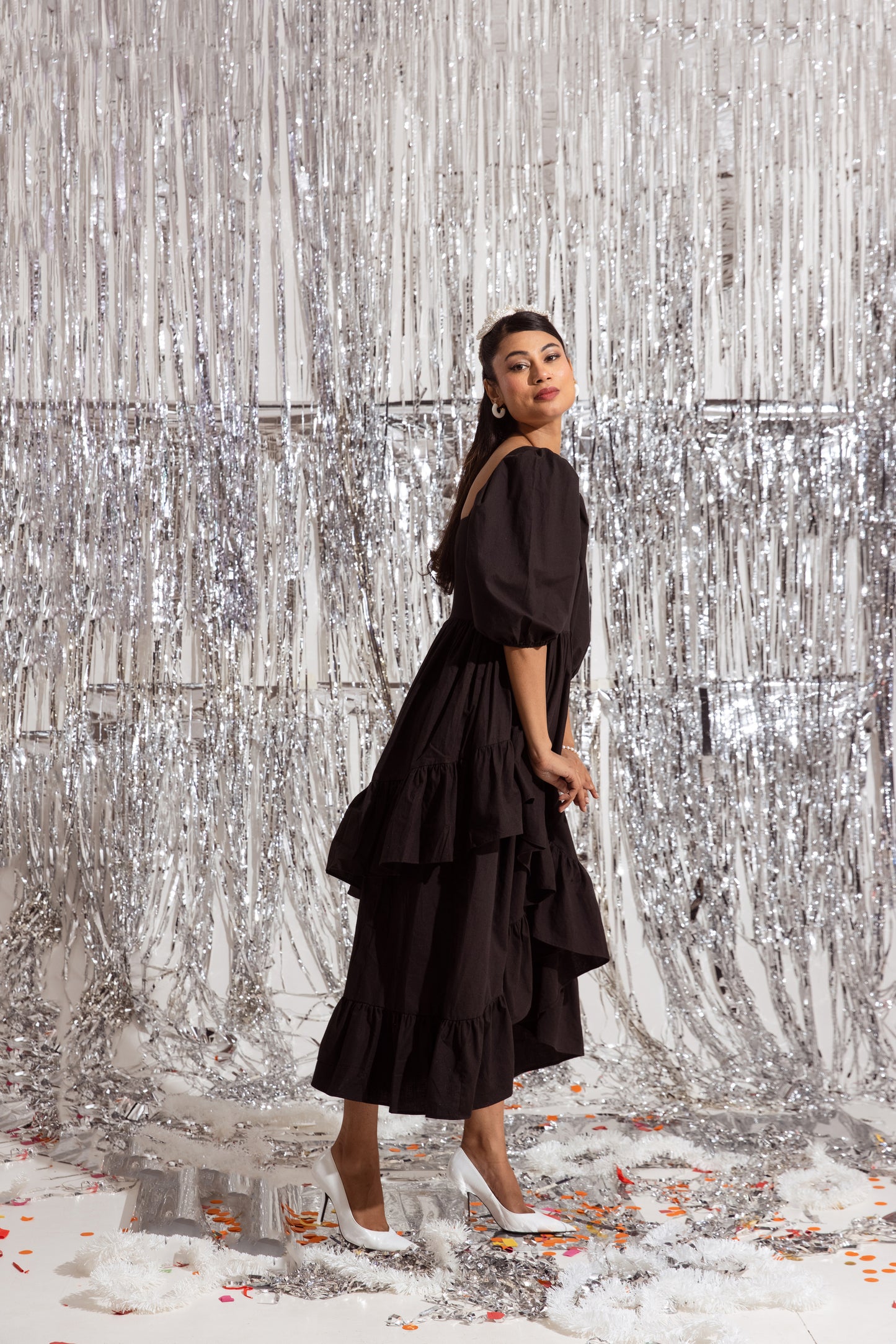 Black Sleeved Ruffled Dress