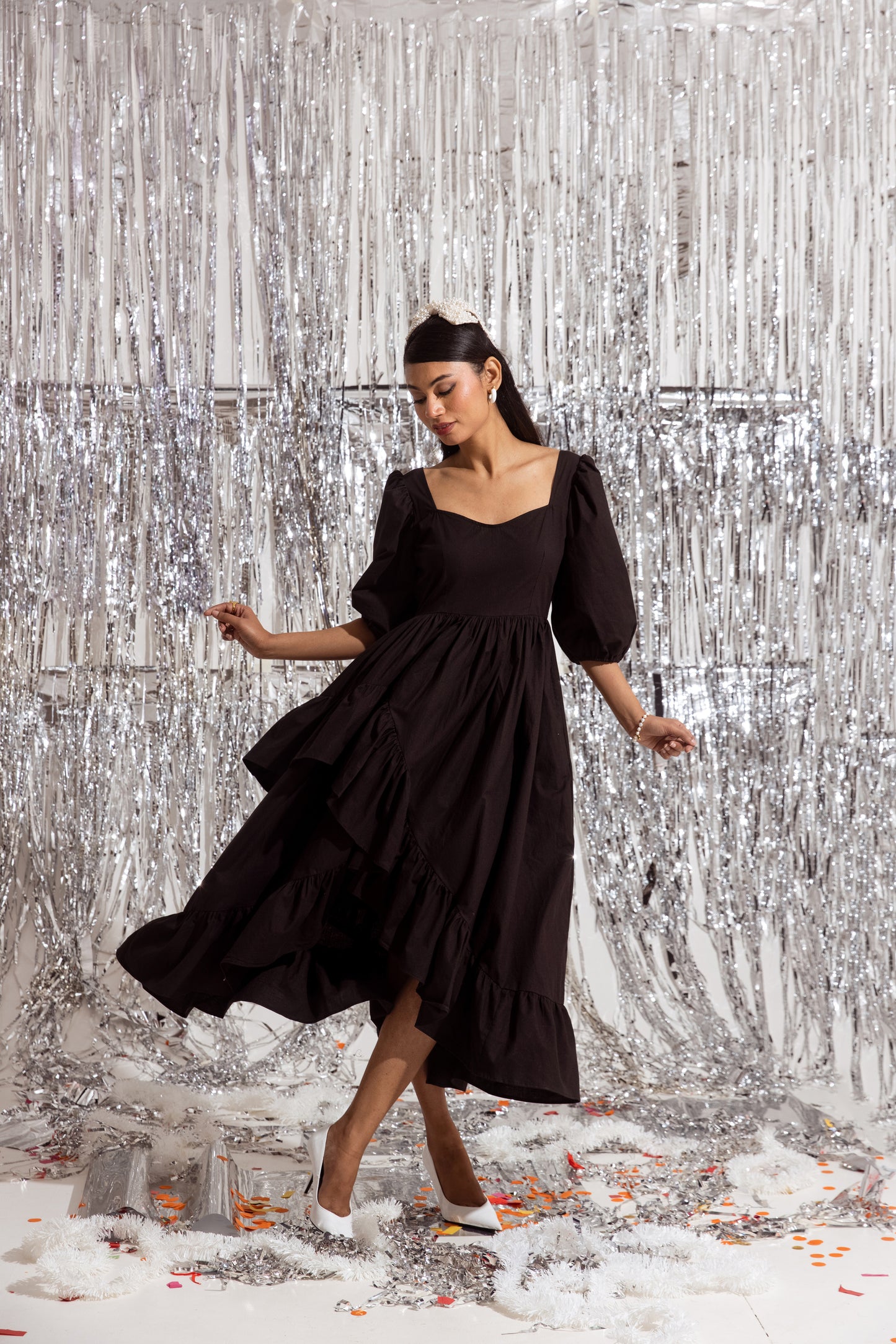 Black Sleeved Ruffled Dress