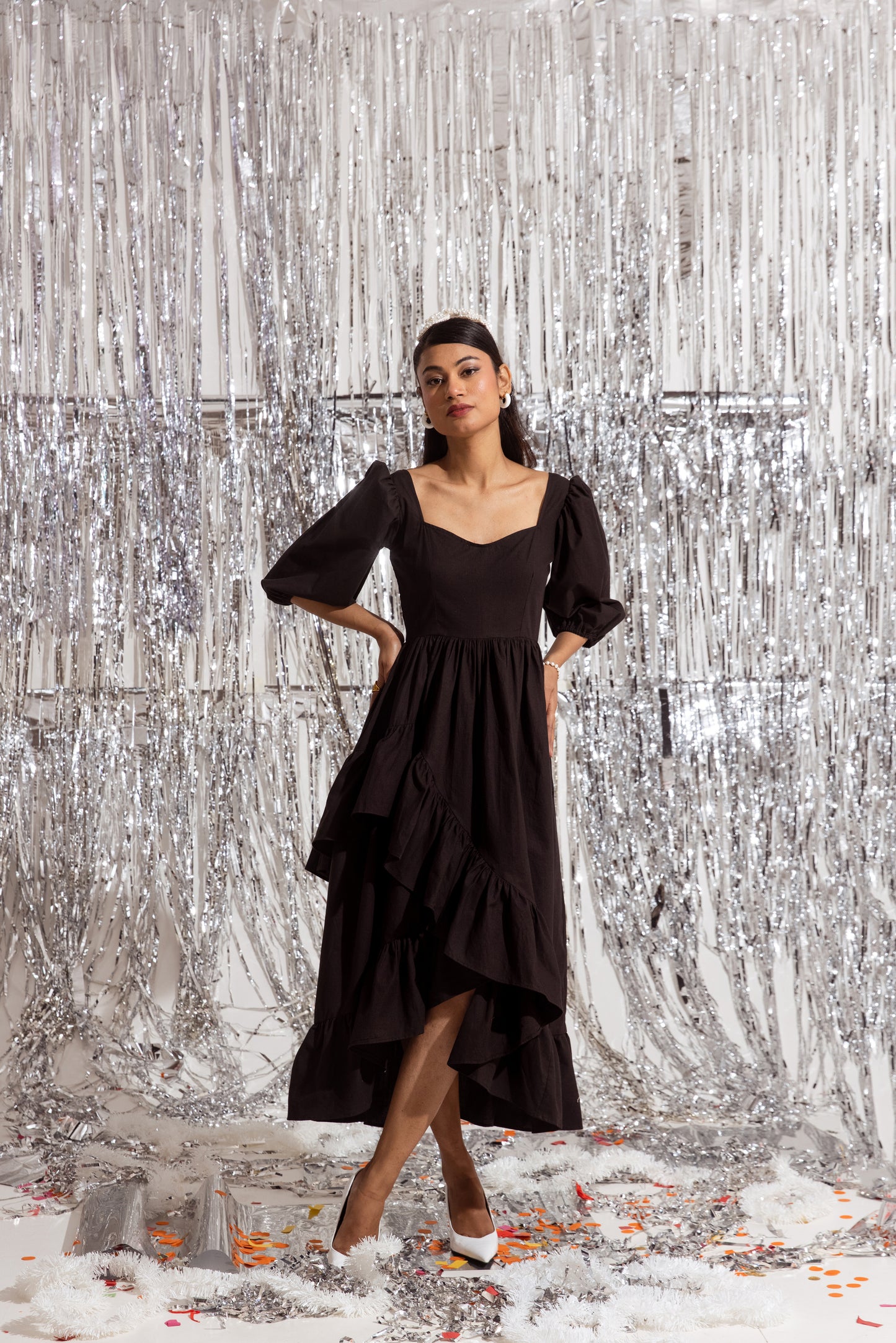 Black Sleeved Ruffled Dress