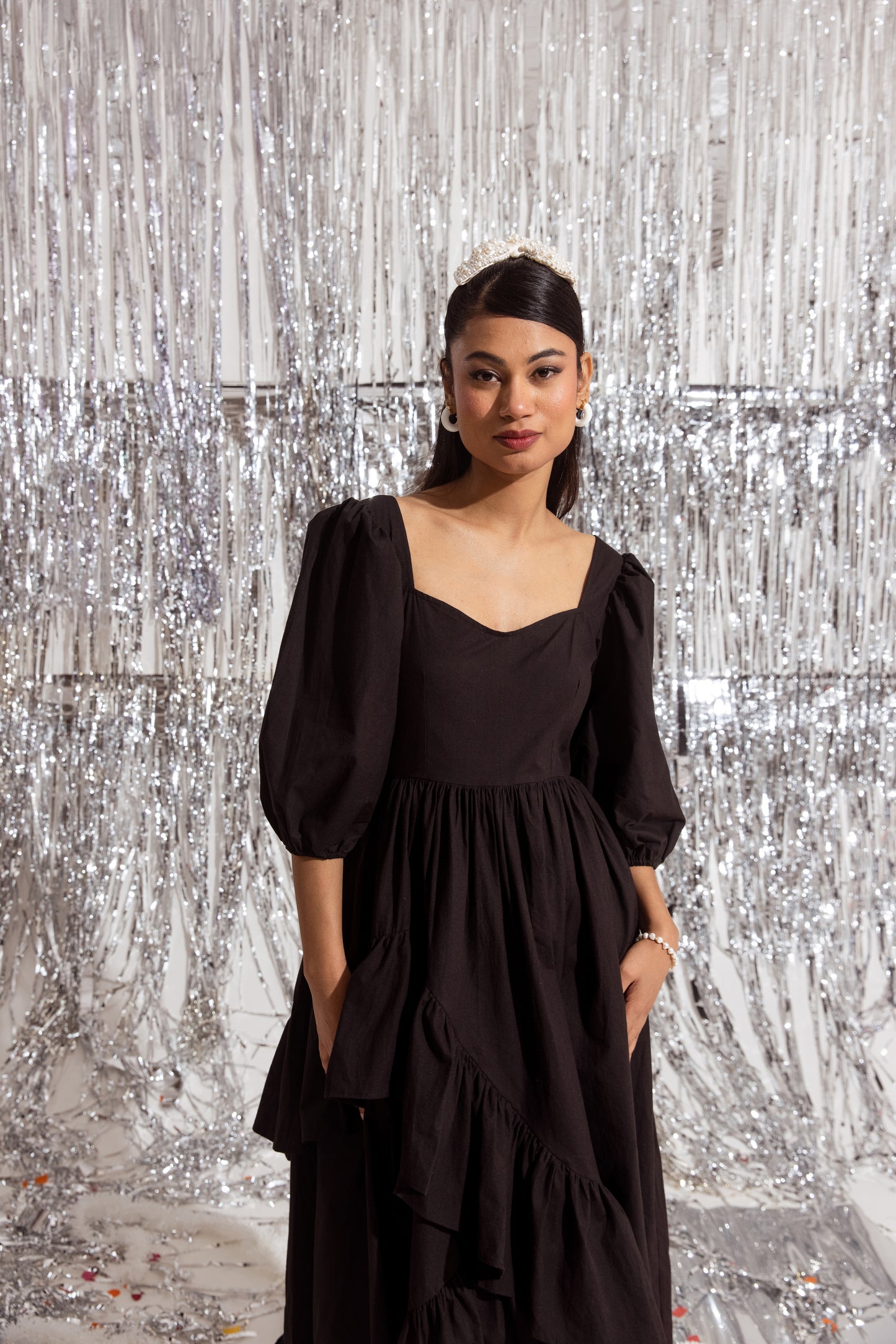 Black Sleeved Ruffled Dress