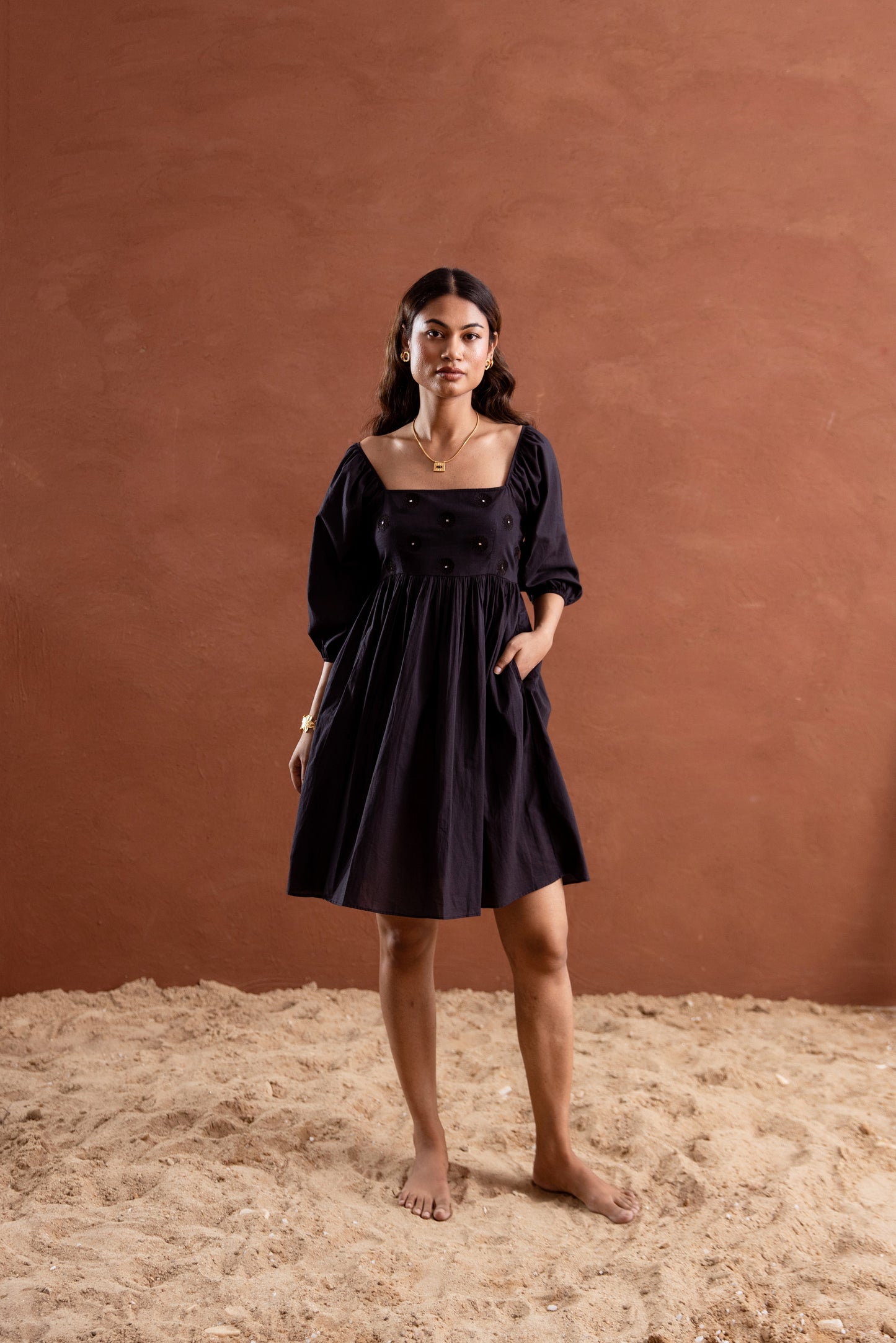 Solid Black Sleeved Square Neck Short Dress