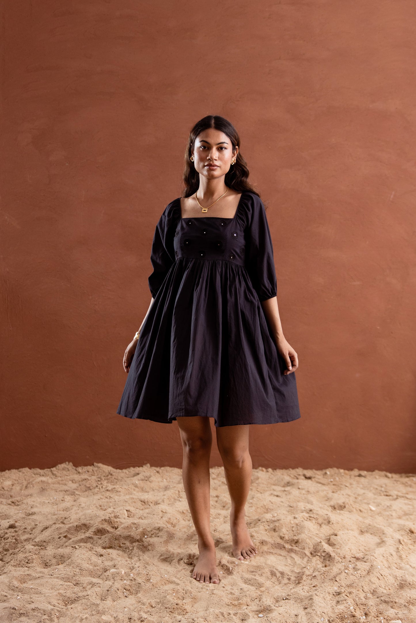 Solid Black Sleeved Square Neck Short Dress