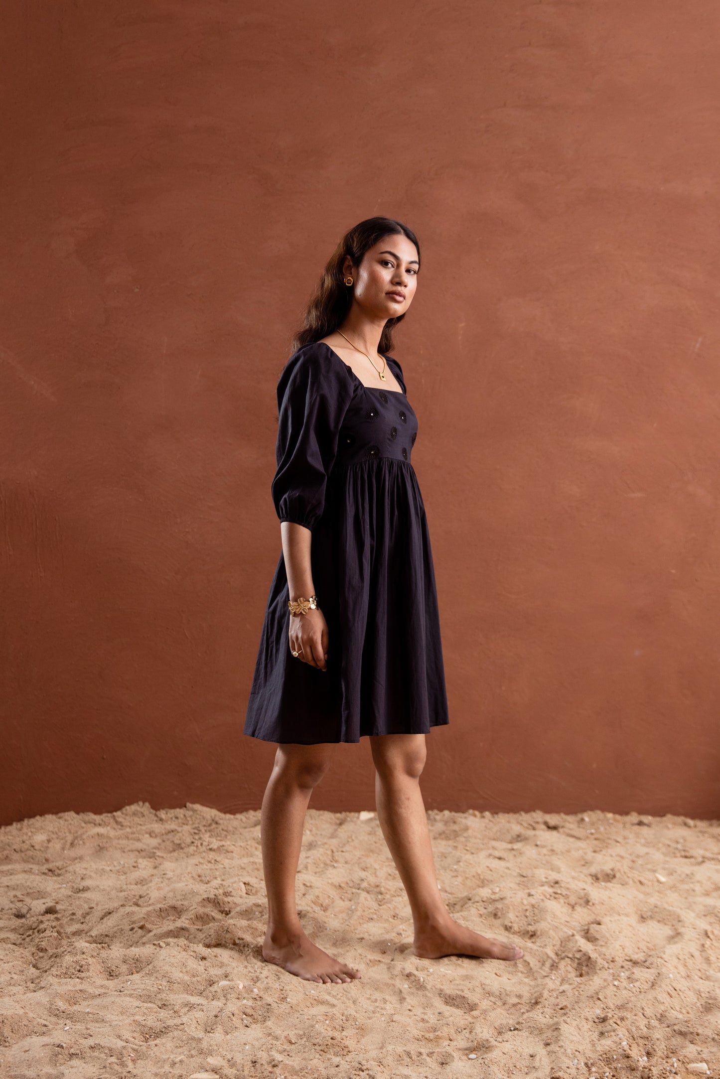 Solid Black Sleeved Square Neck Short Dress