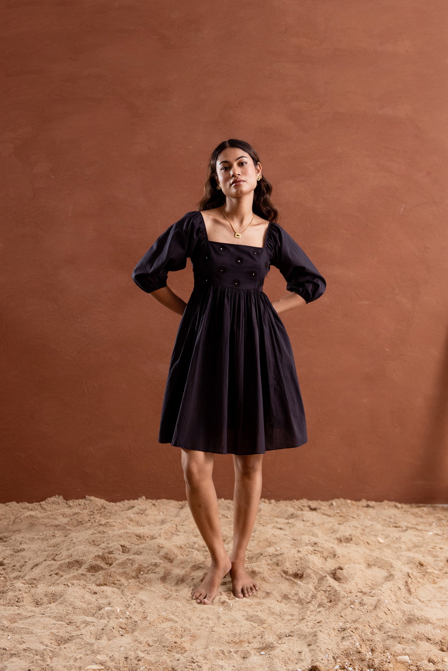 Solid Black Sleeved Square Neck Short Dress