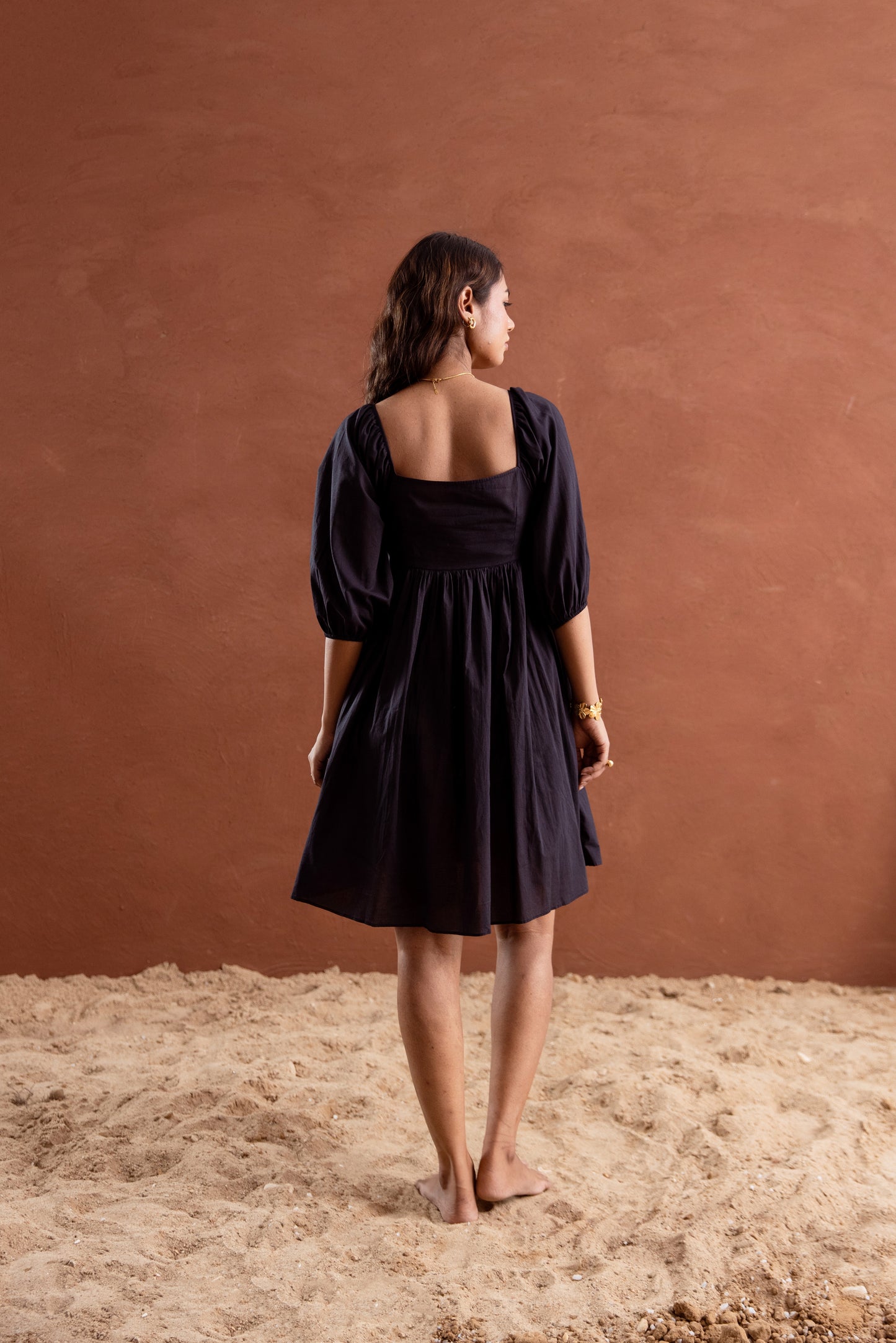 Solid Black Sleeved Square Neck Short Dress