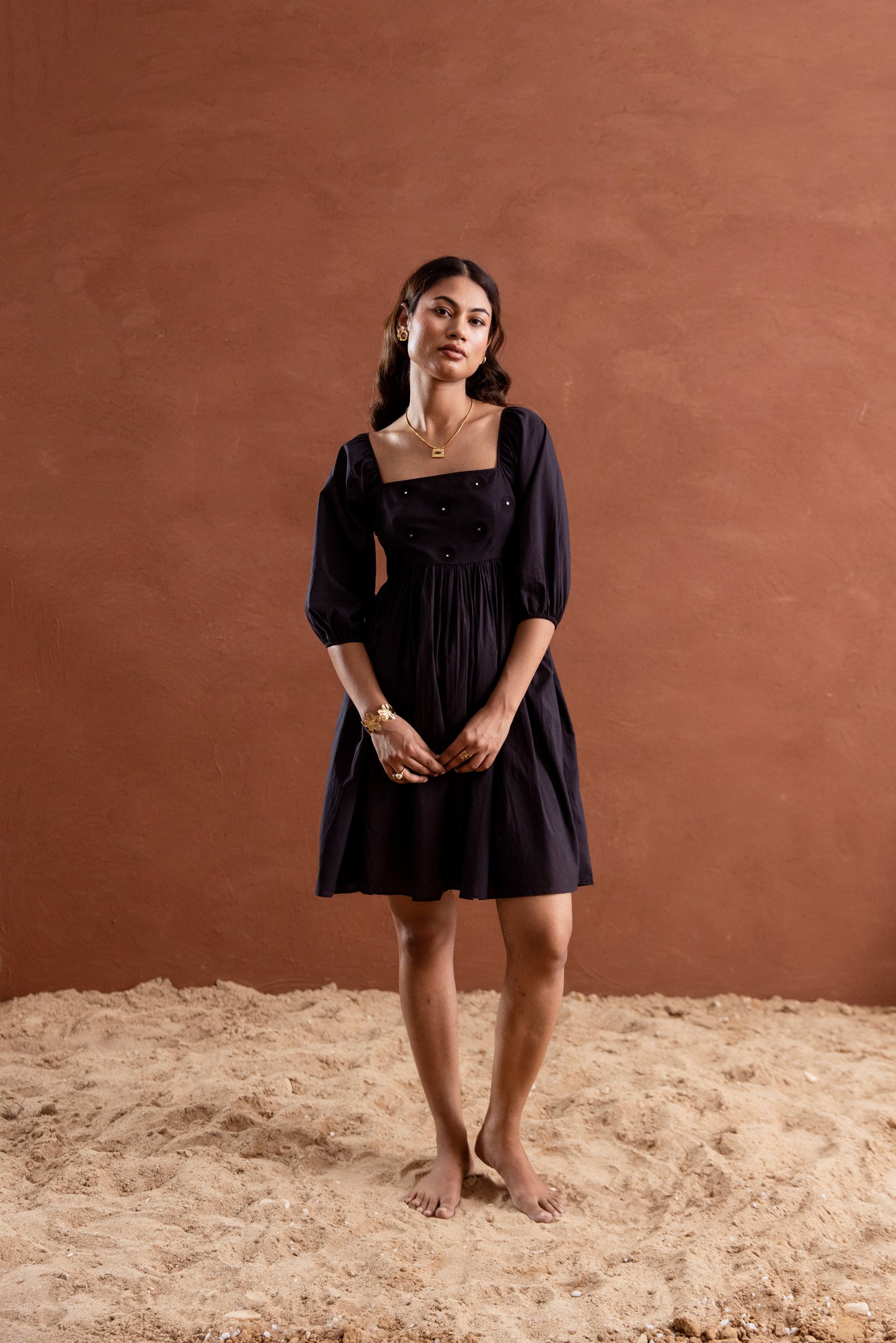 Solid Black Sleeved Square Neck Short Dress