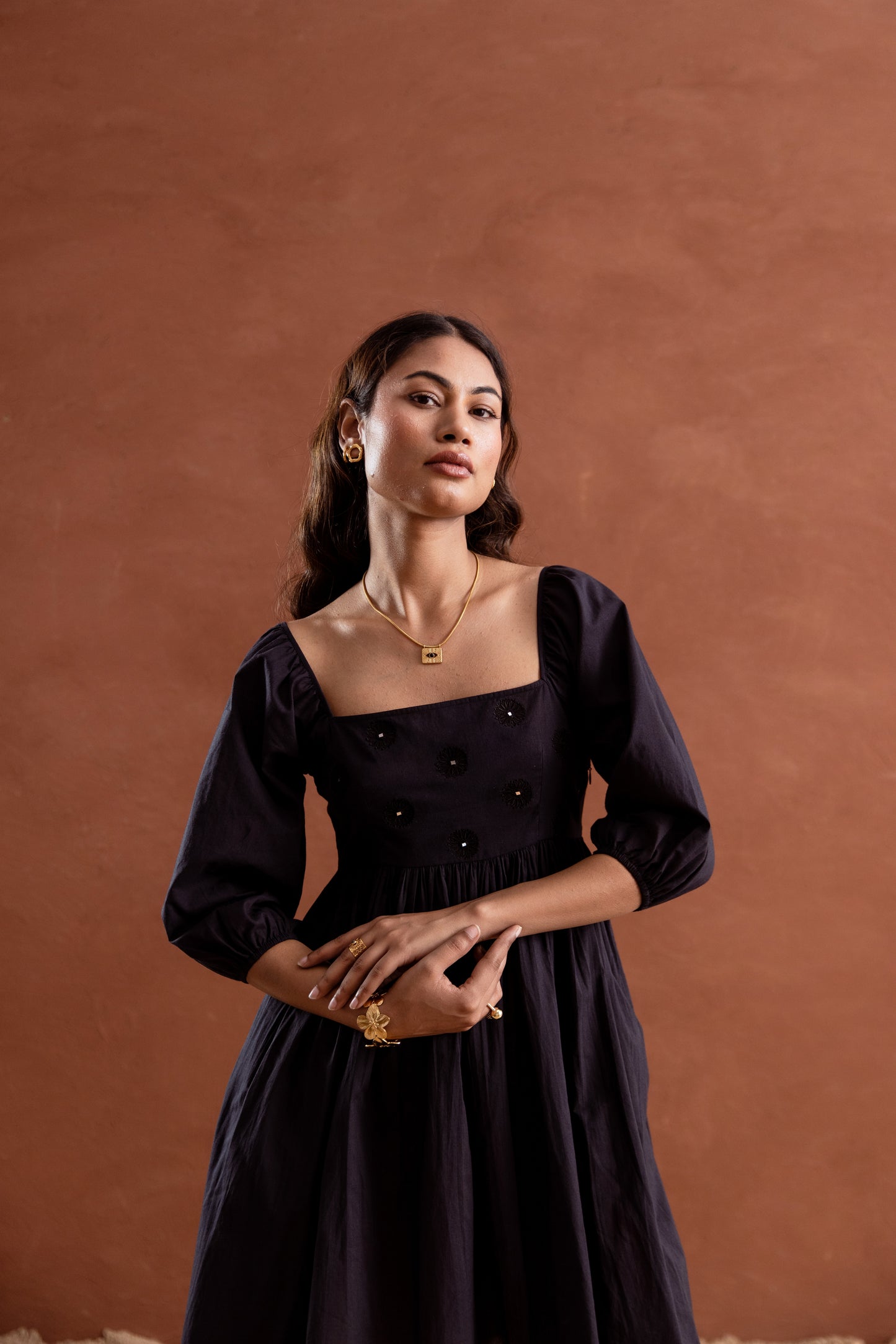 Solid Black Sleeved Square Neck Short Dress