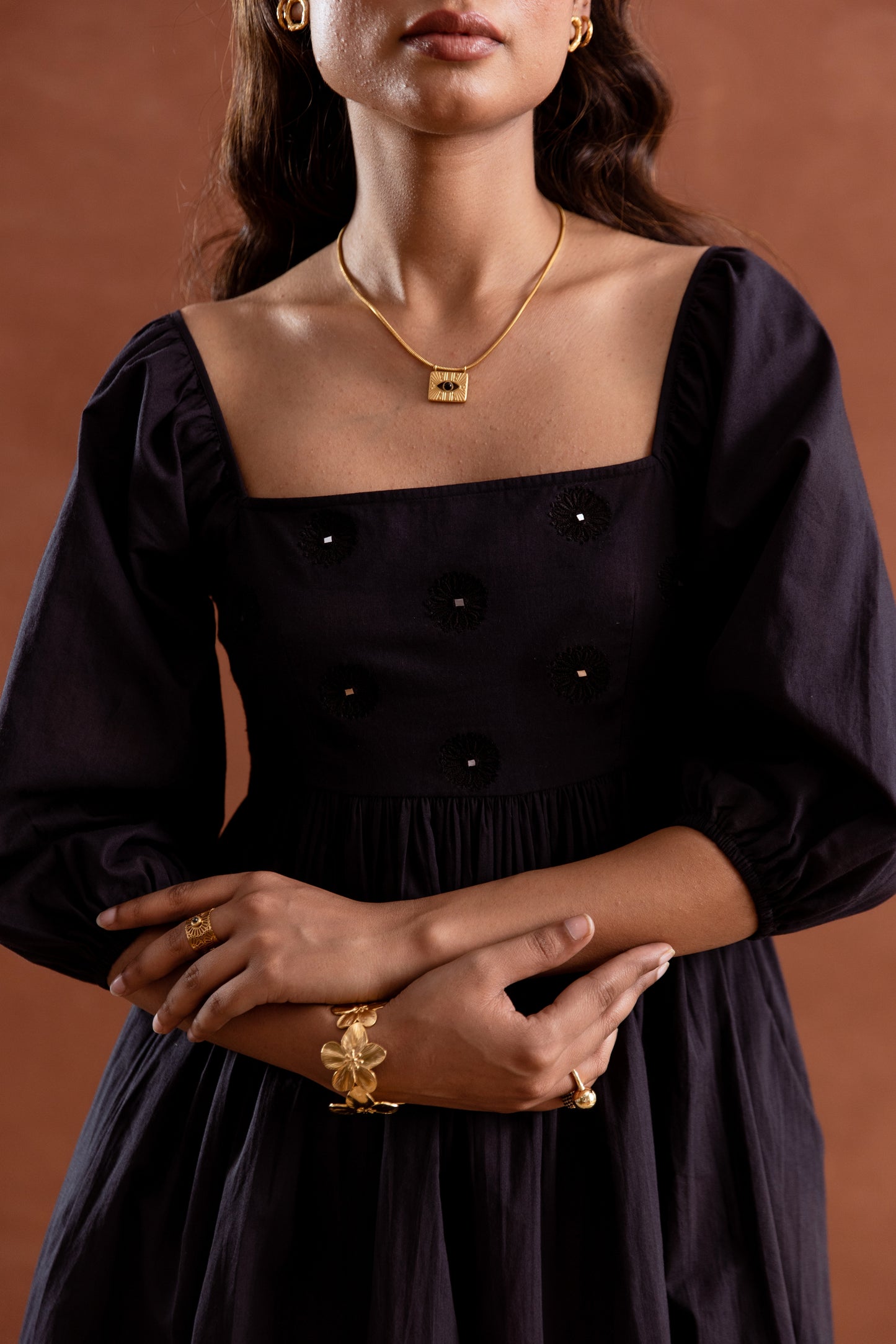 Solid Black Sleeved Square Neck Short Dress