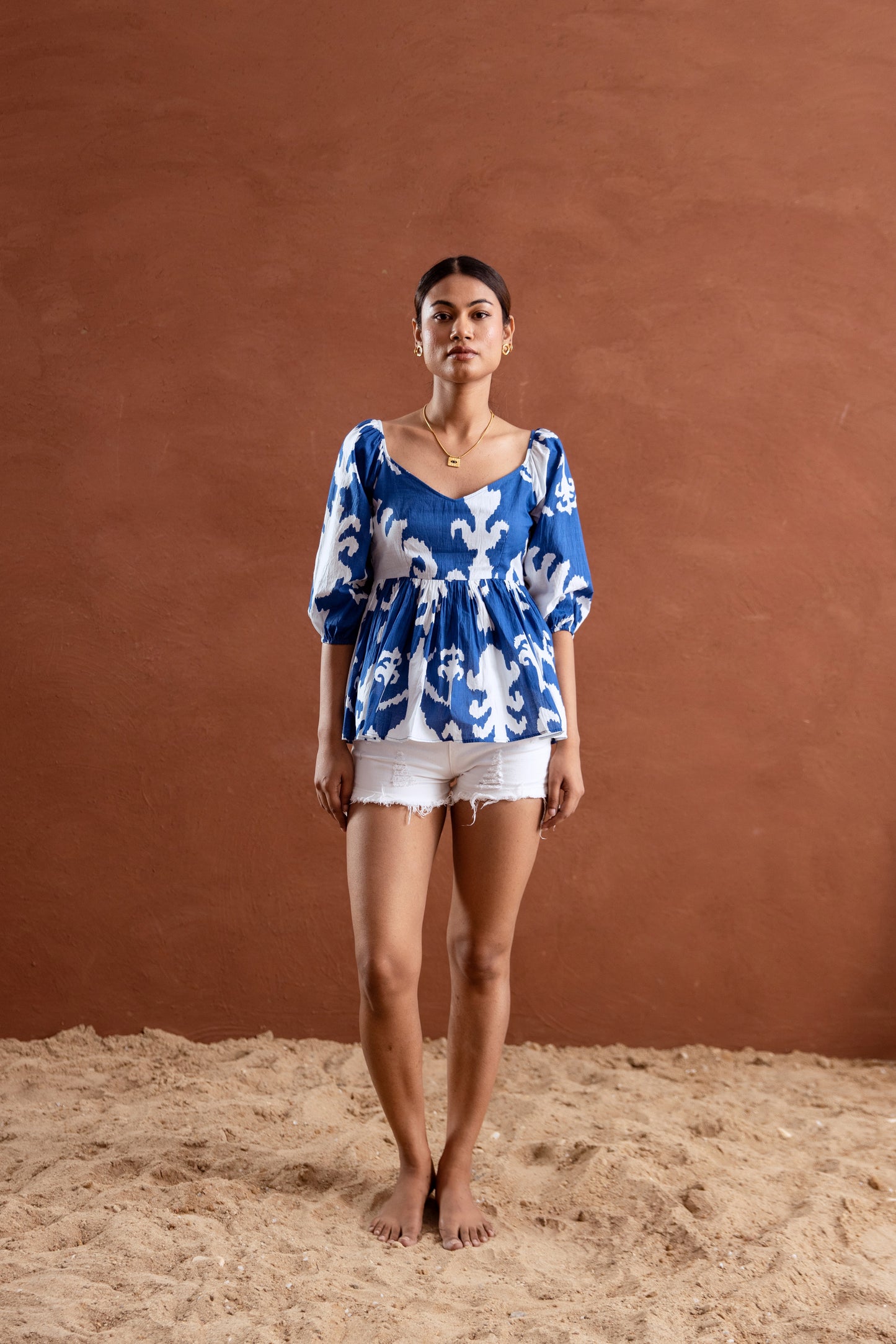 Blue and White Patterned Sleeved Top