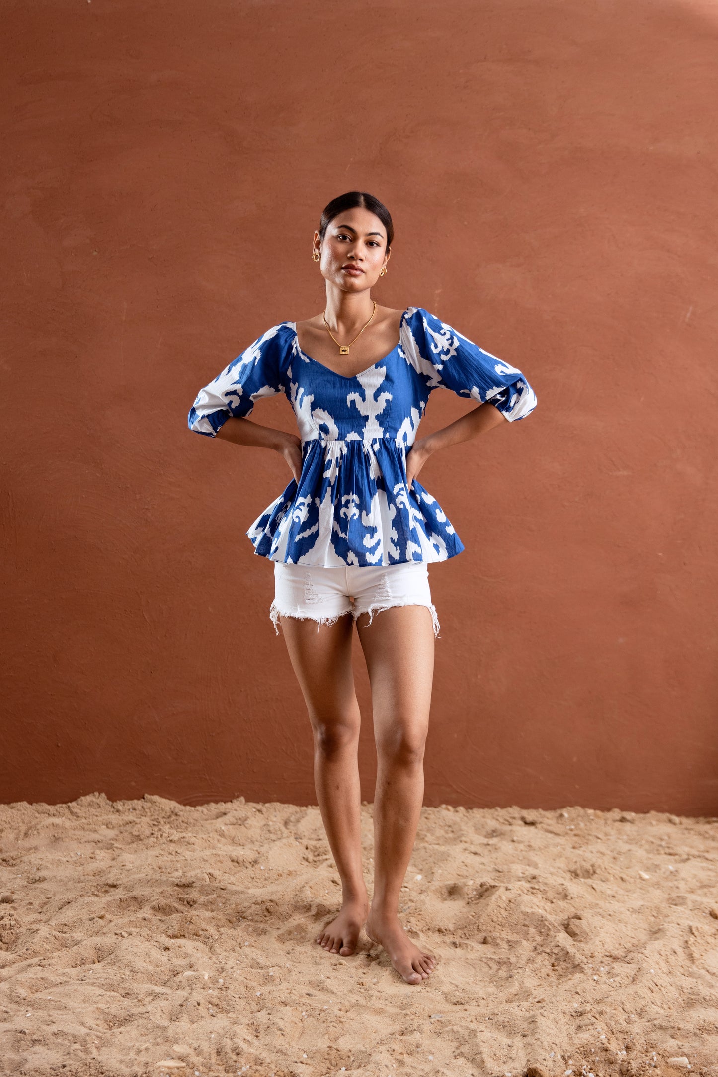 Blue and White Patterned Sleeved Top