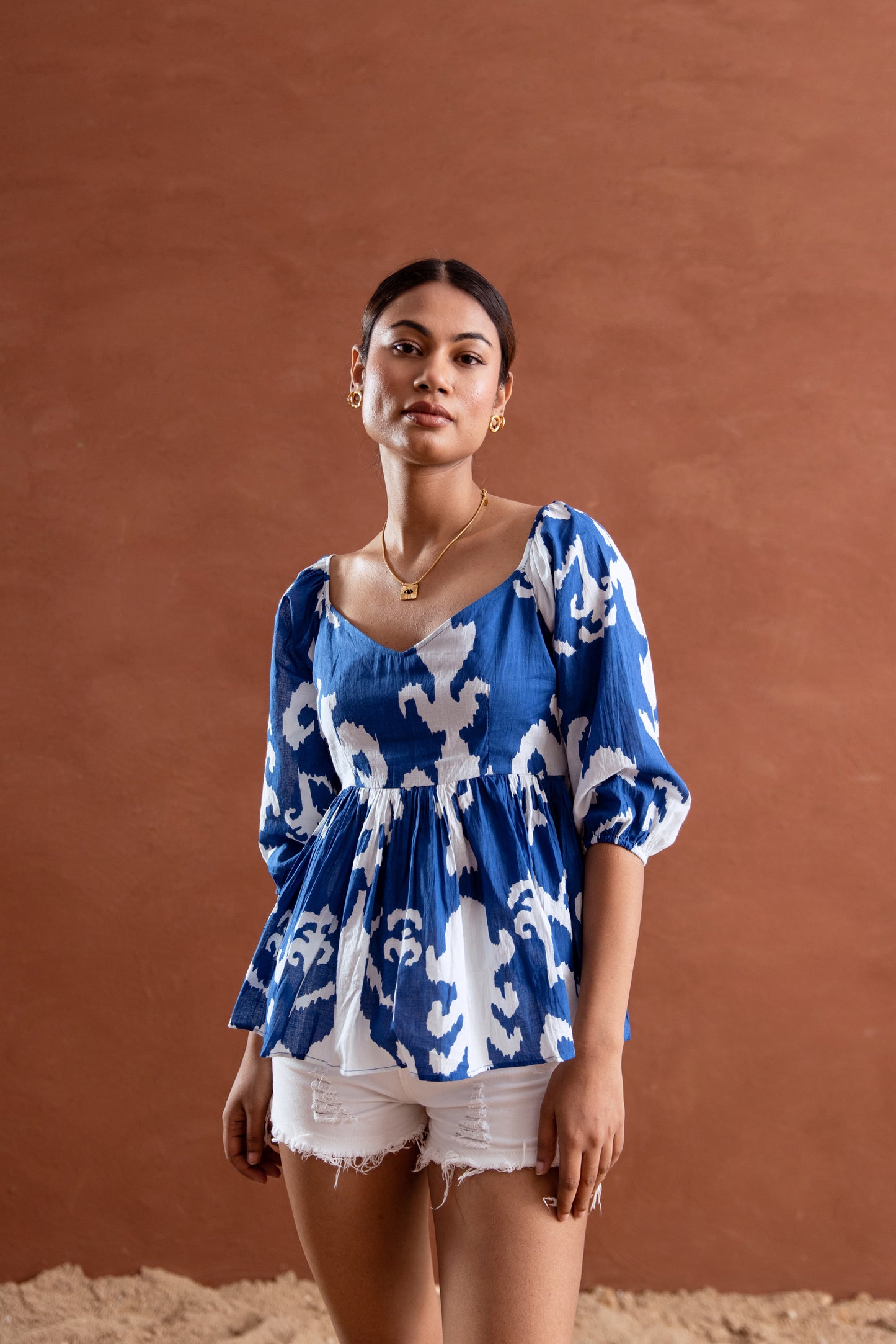 Blue and White Patterned Sleeved Top