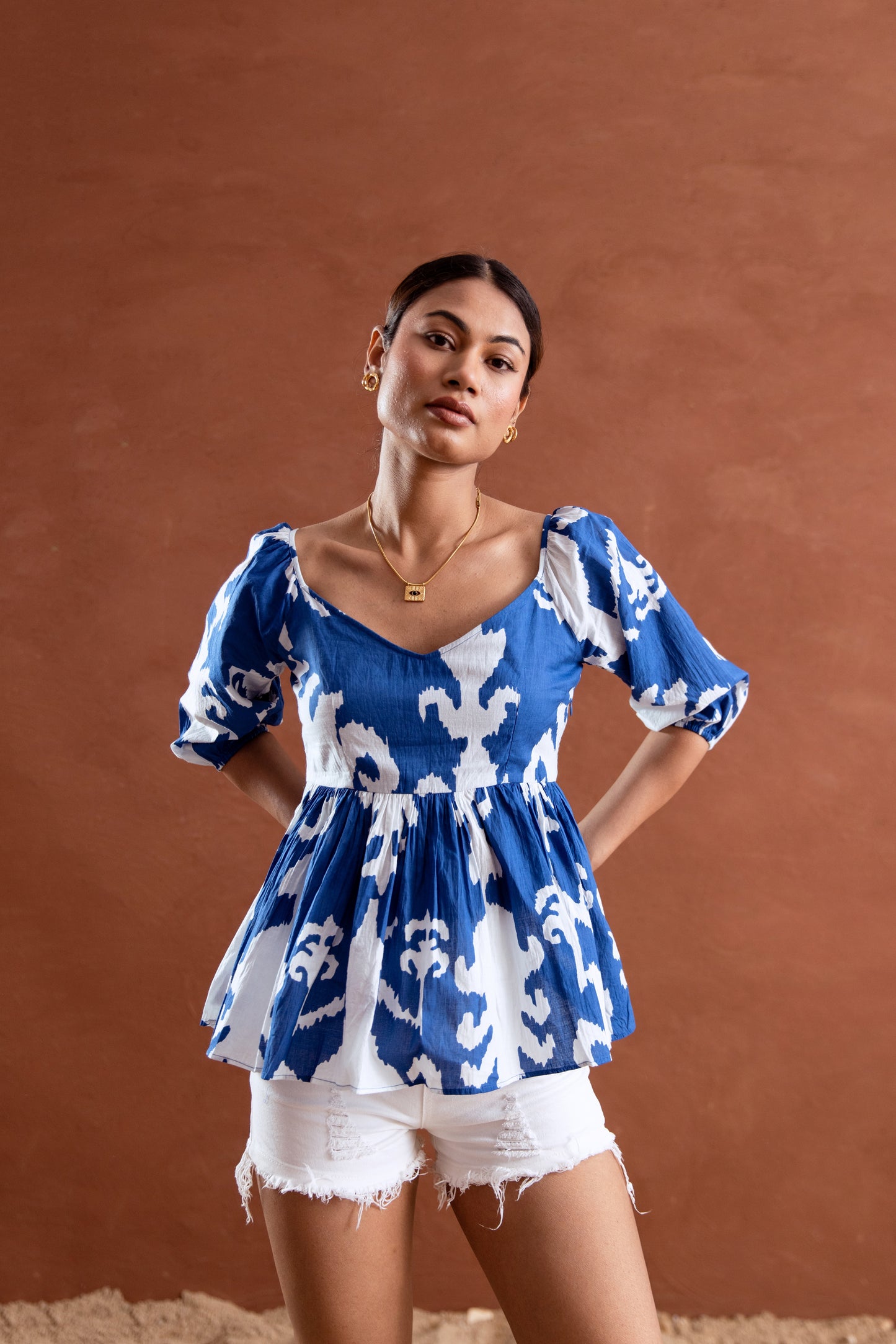 Blue and White Patterned Sleeved Top