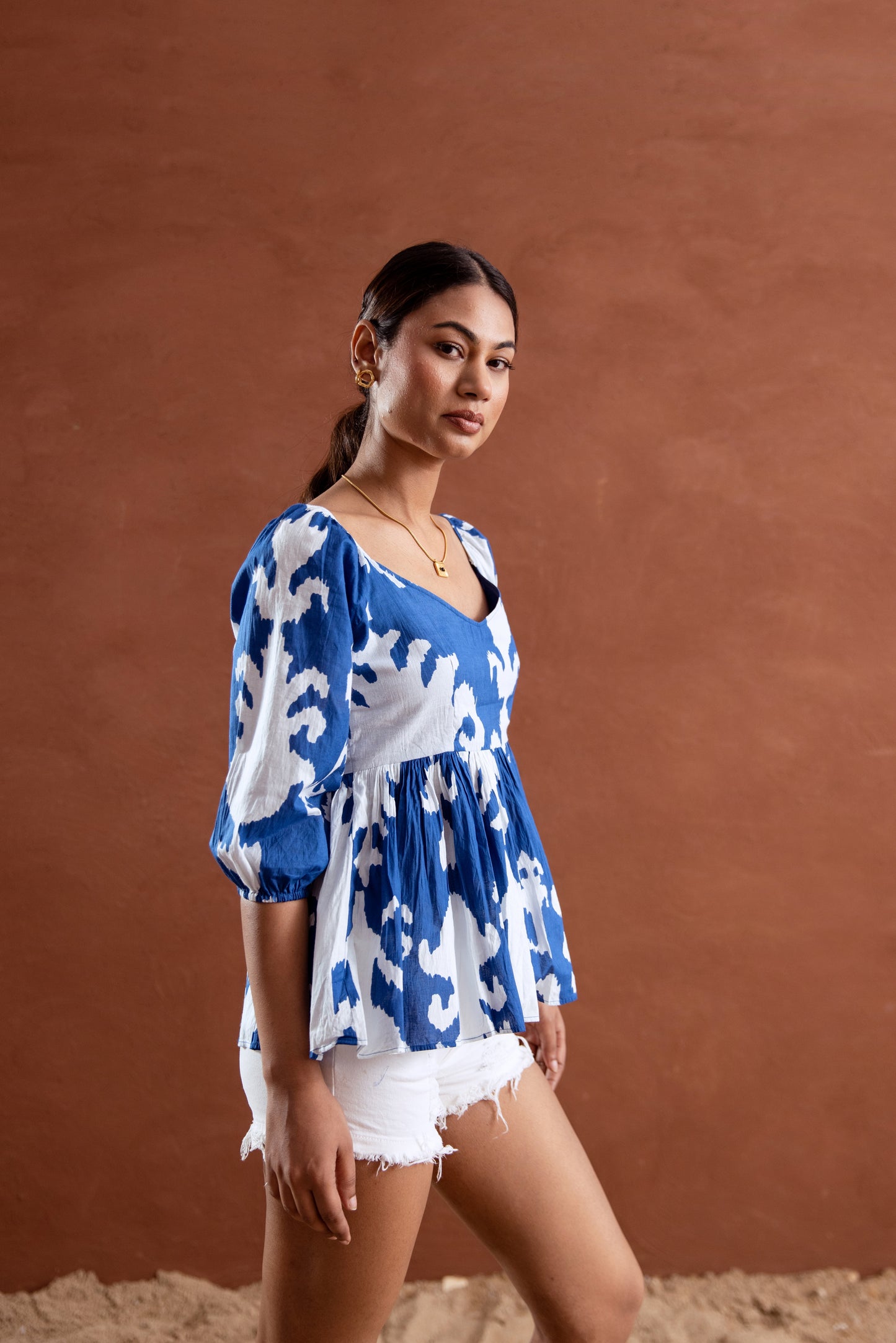 Blue and White Patterned Sleeved Top