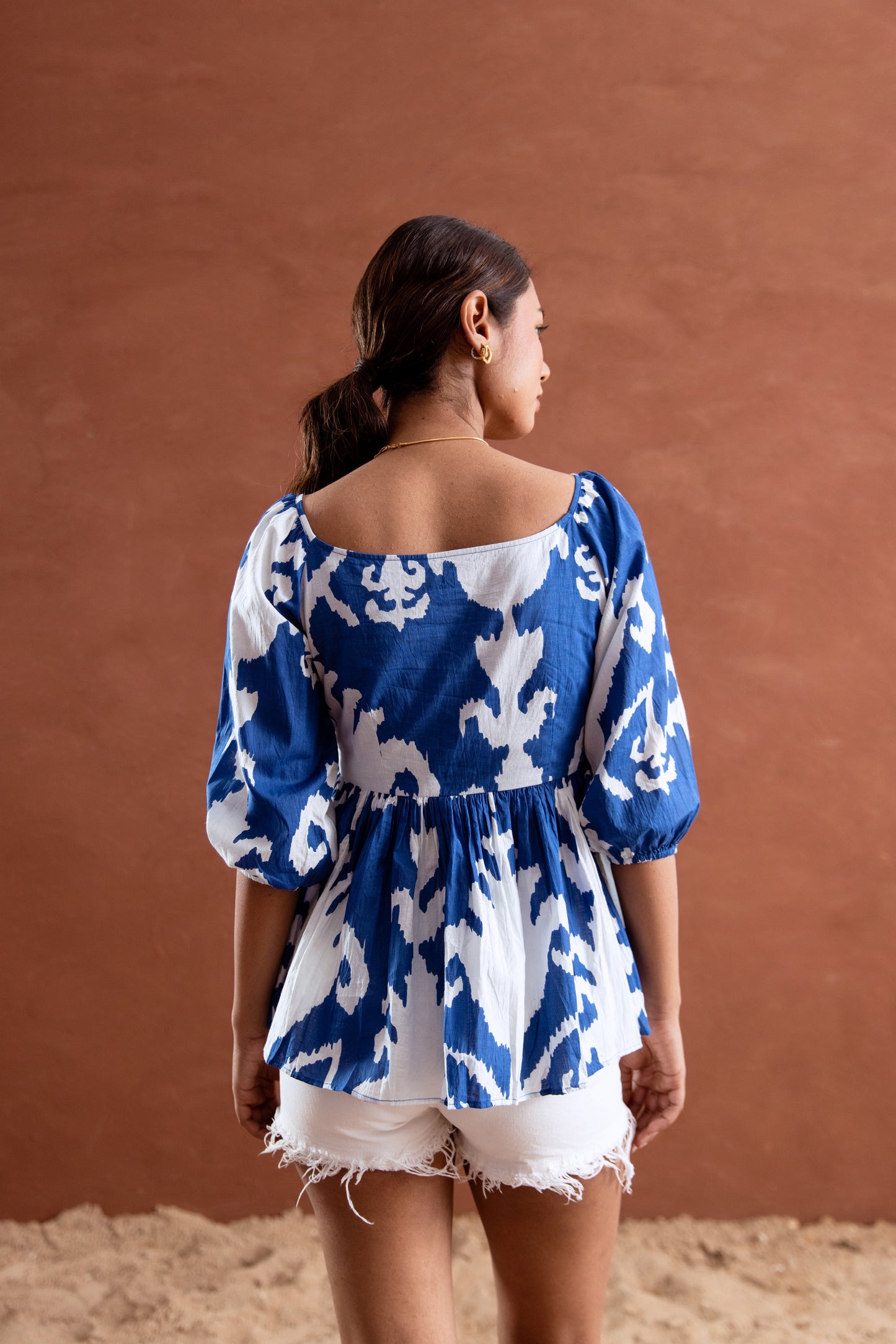 Blue and White Patterned Sleeved Top