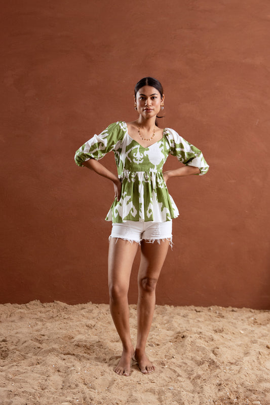 Green and White Patterned Sleeved Top
