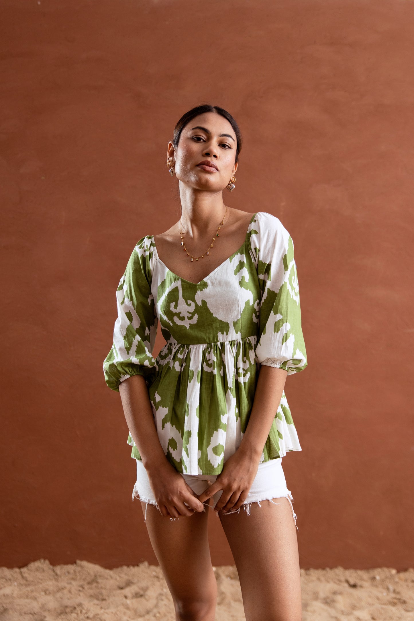 Green and White Patterned Sleeved Top