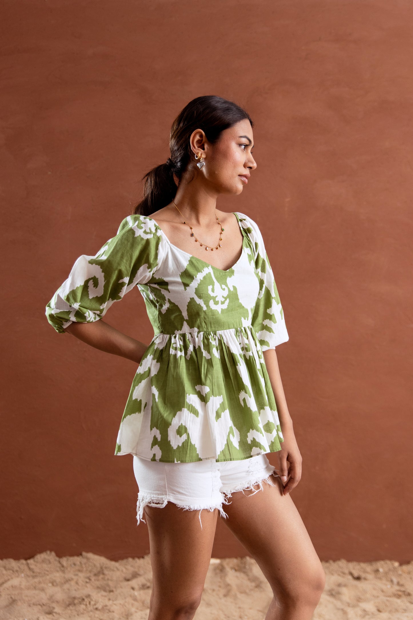 Green and White Patterned Sleeved Top