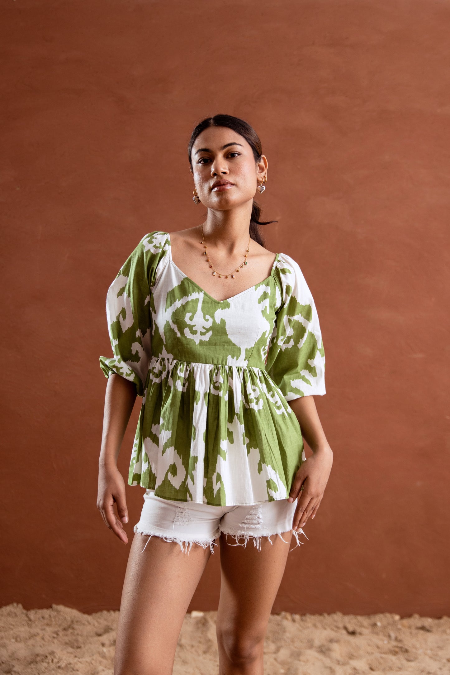 Green and White Patterned Sleeved Top
