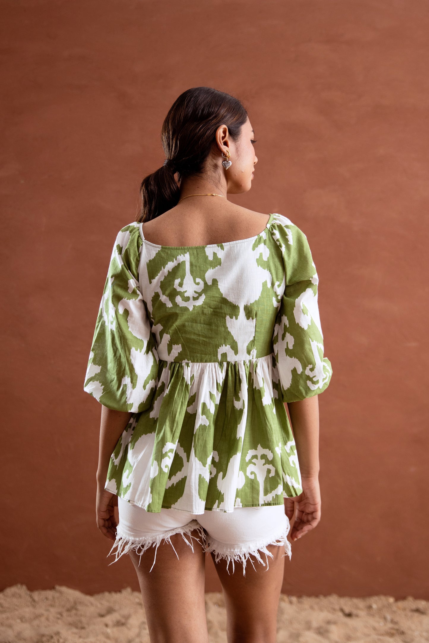 Green and White Patterned Sleeved Top