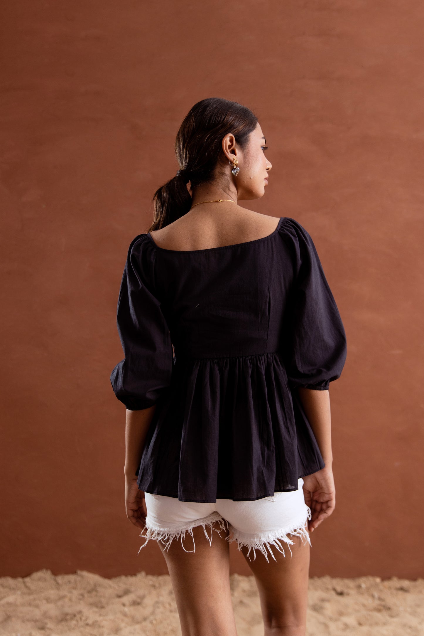Black Solid Sleeved Top