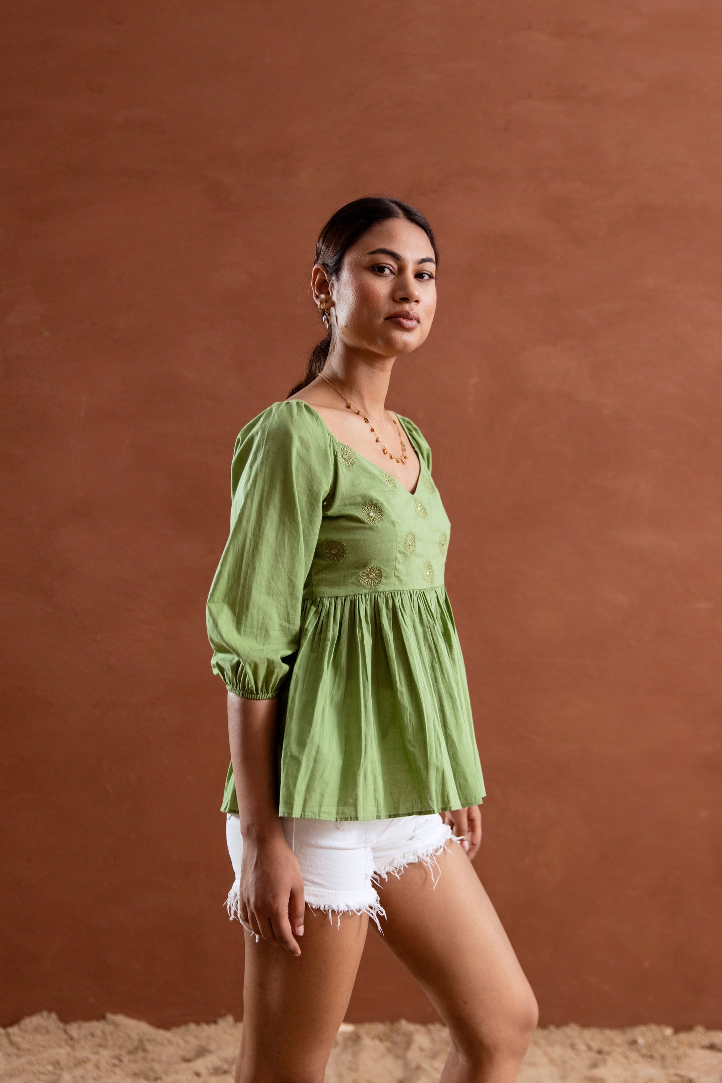 Green Solid Sleeved Top