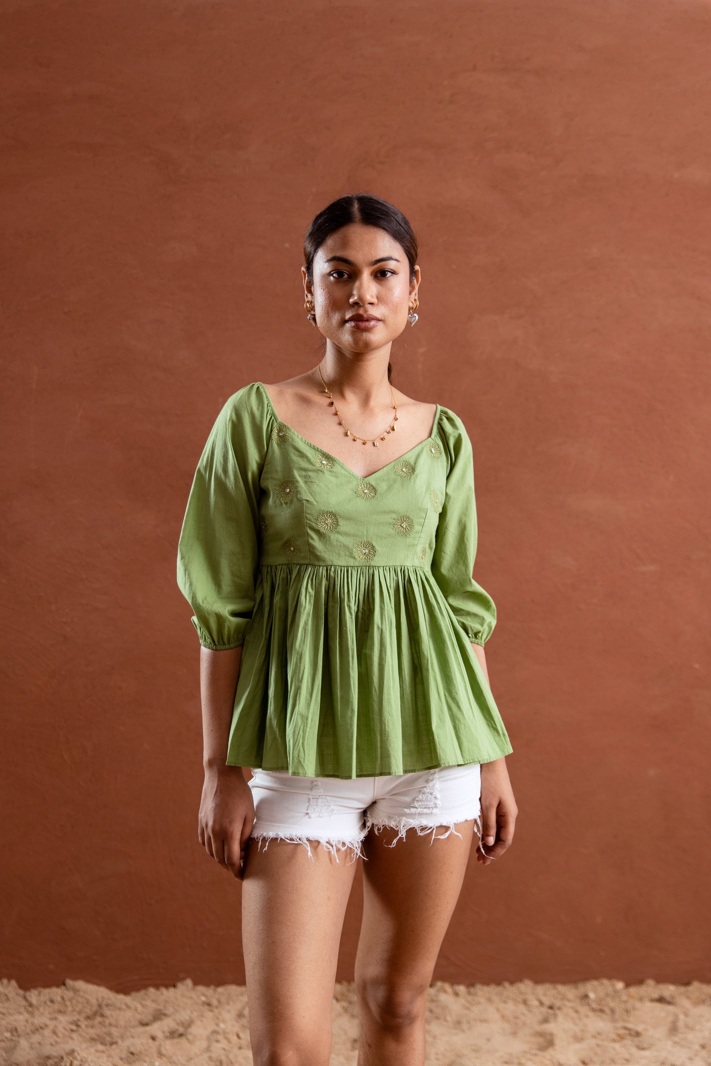 Green Solid Sleeved Top