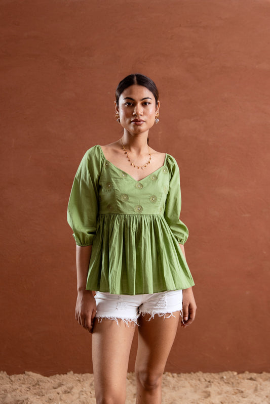 Green Solid Sleeved Top