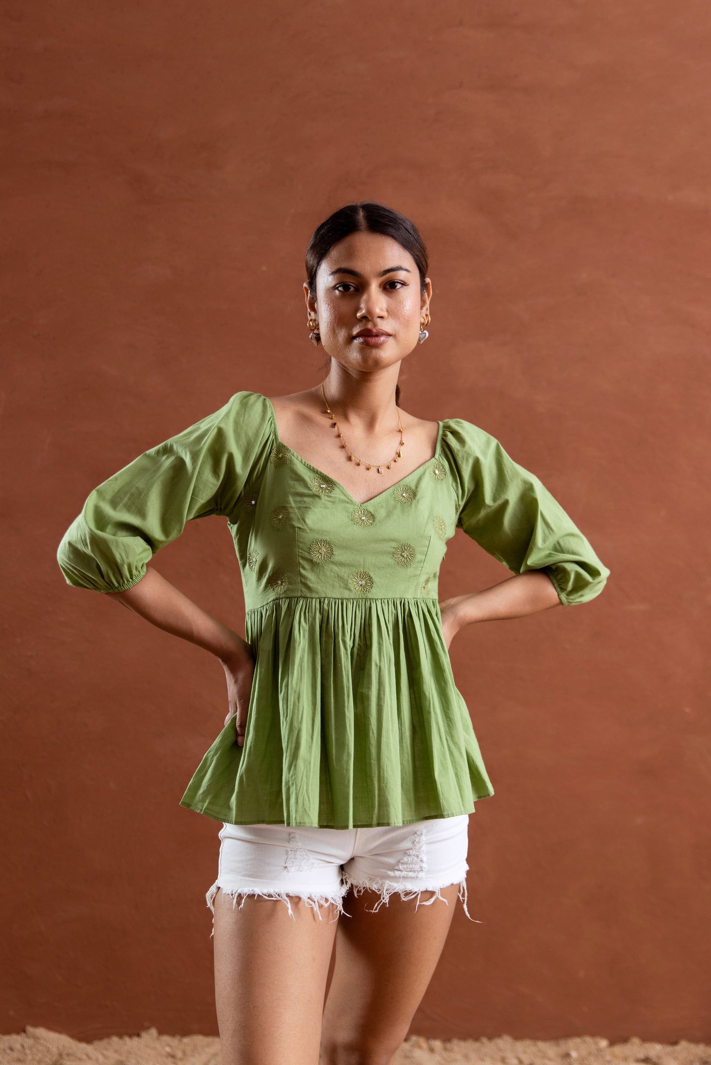 Green Solid Sleeved Top