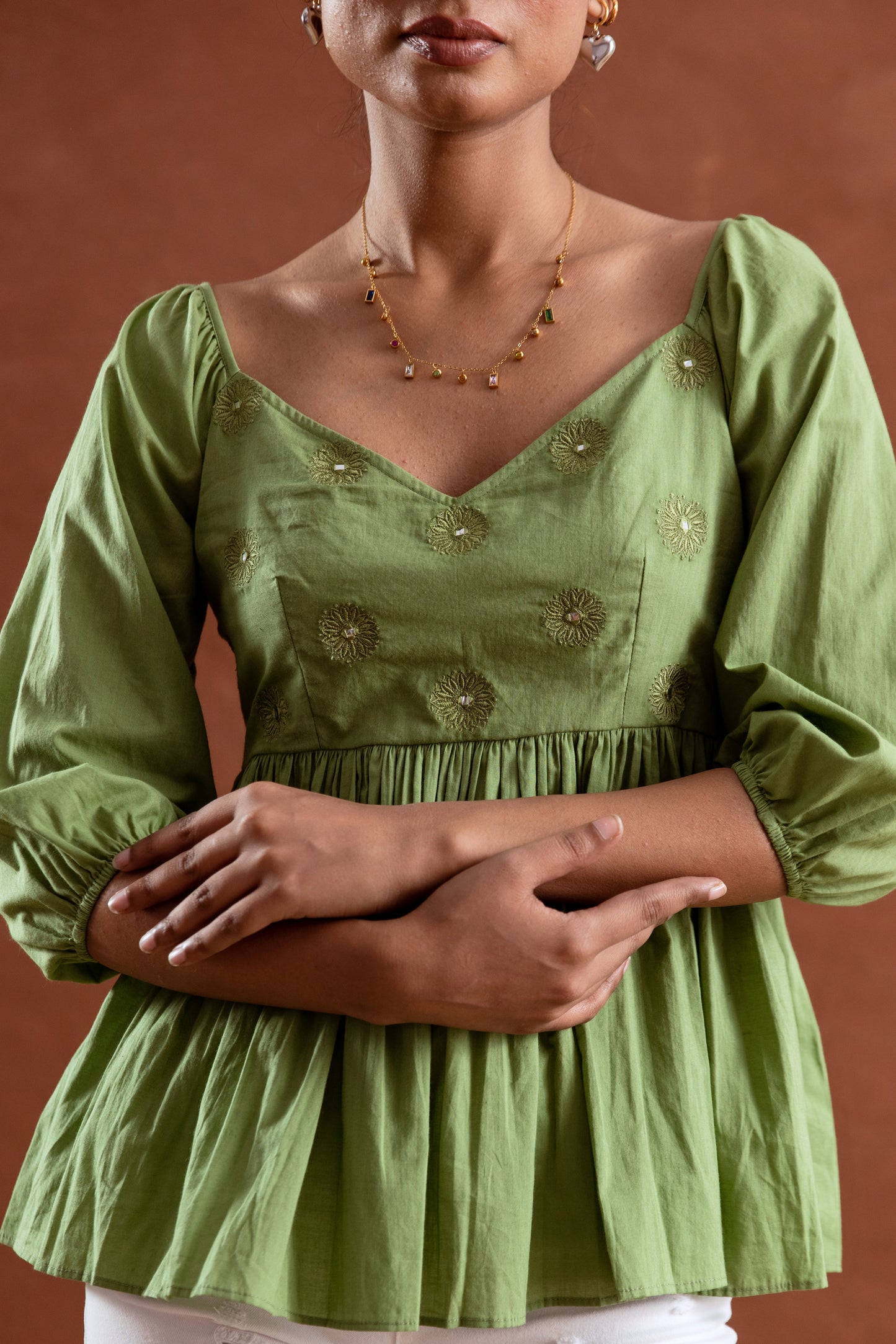 Green Solid Sleeved Top