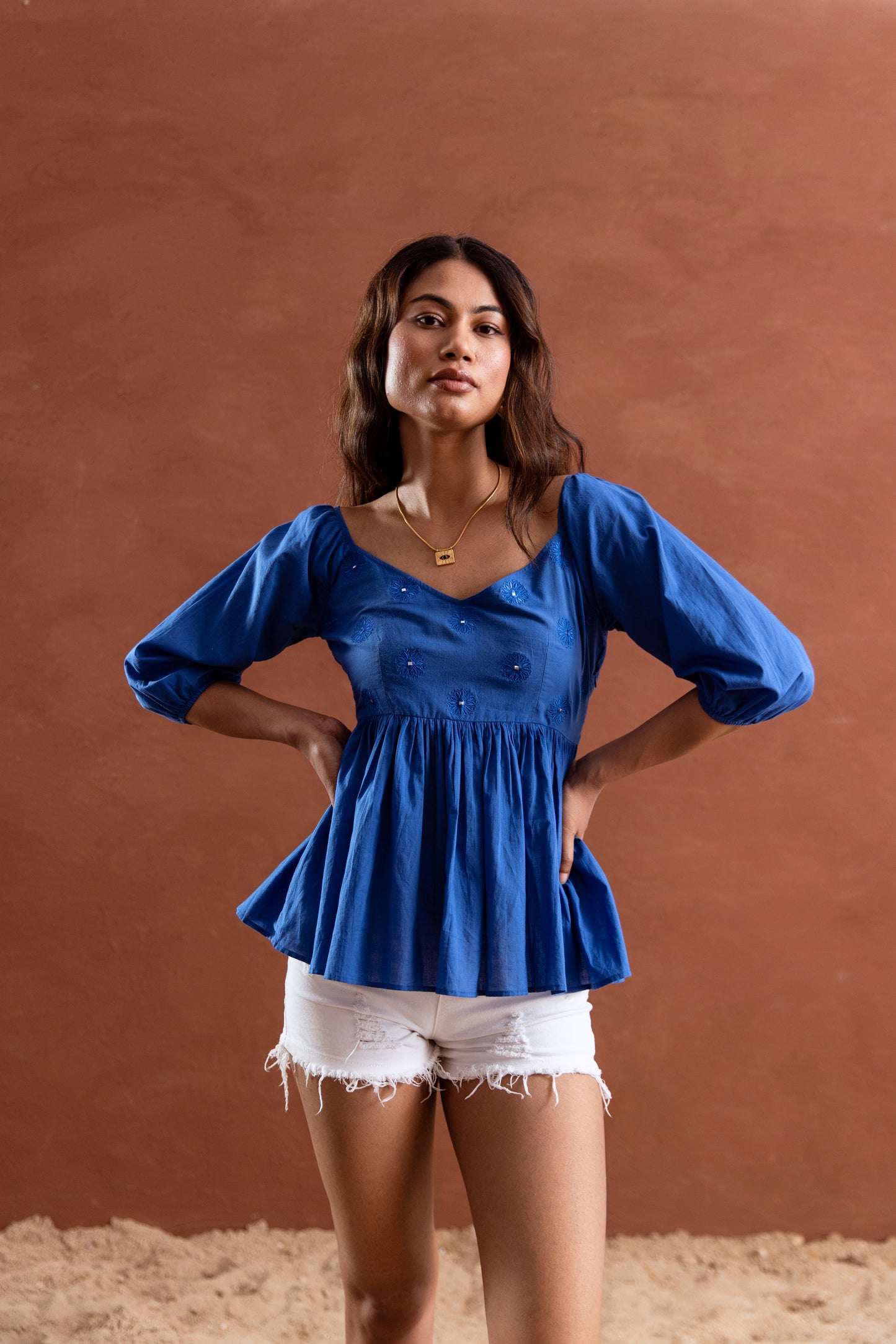 Blue Solid Sleeved Top
