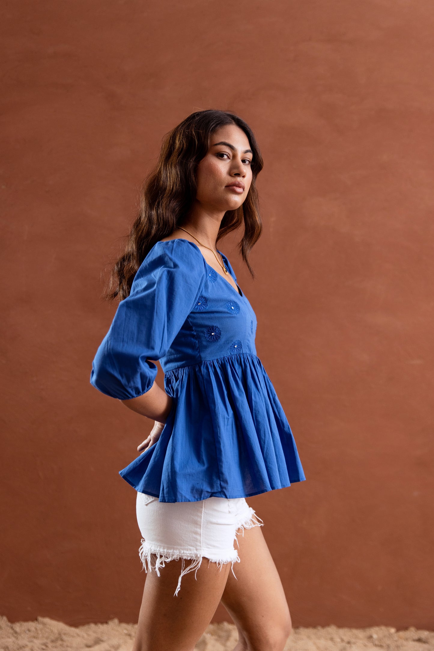Blue Solid Sleeved Top