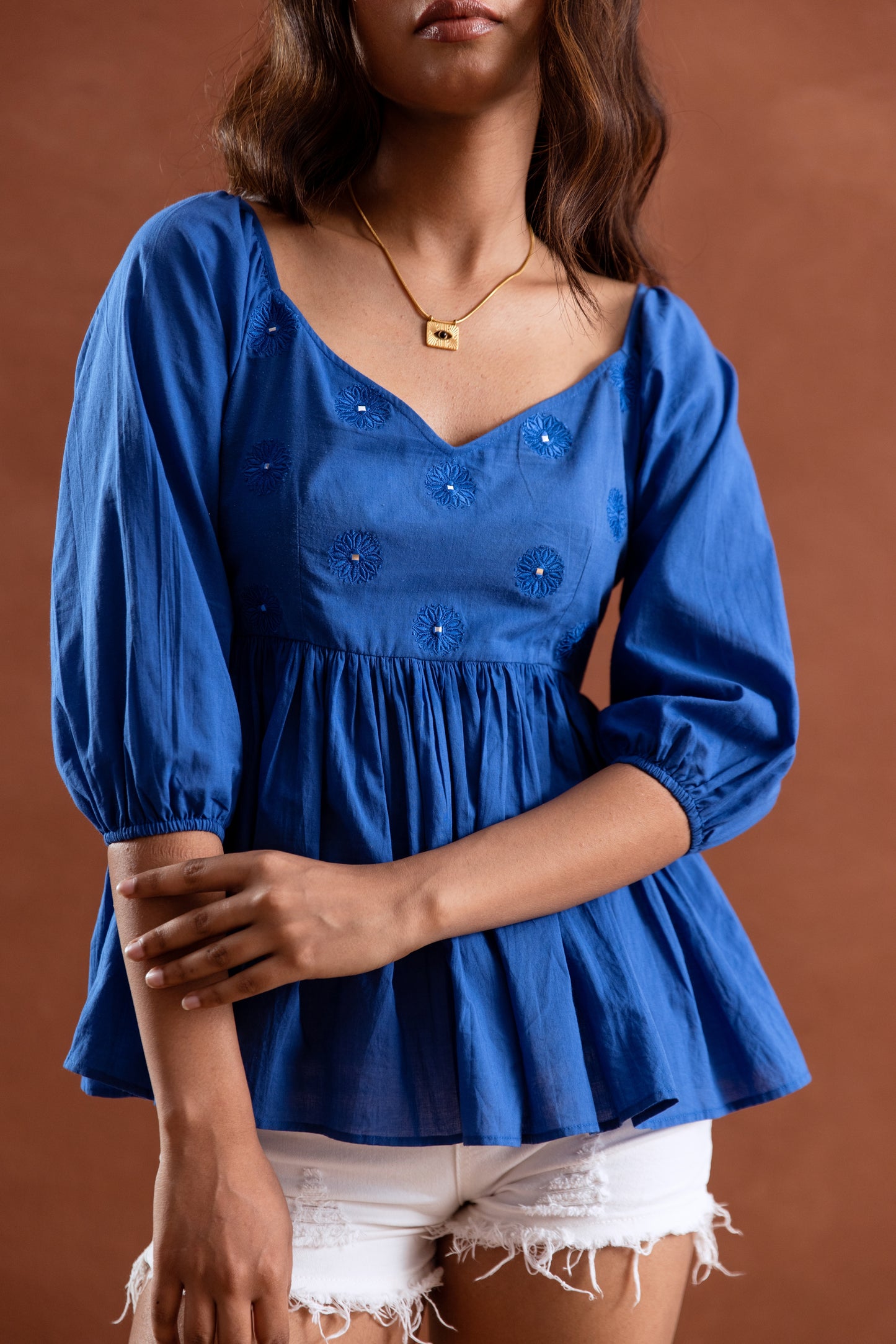Blue Solid Sleeved Top