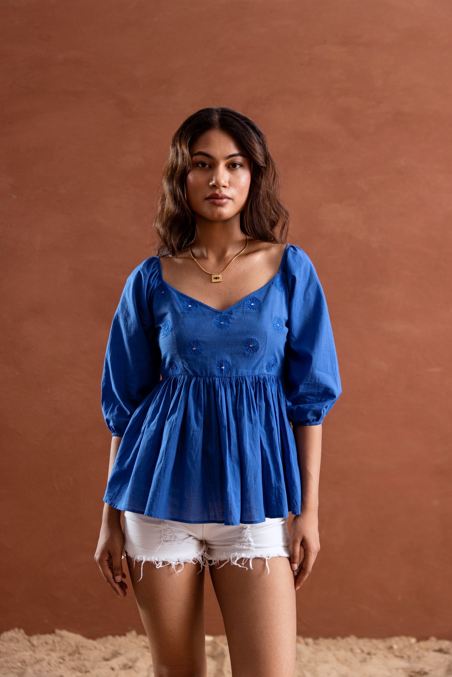 Blue Solid Sleeved Top