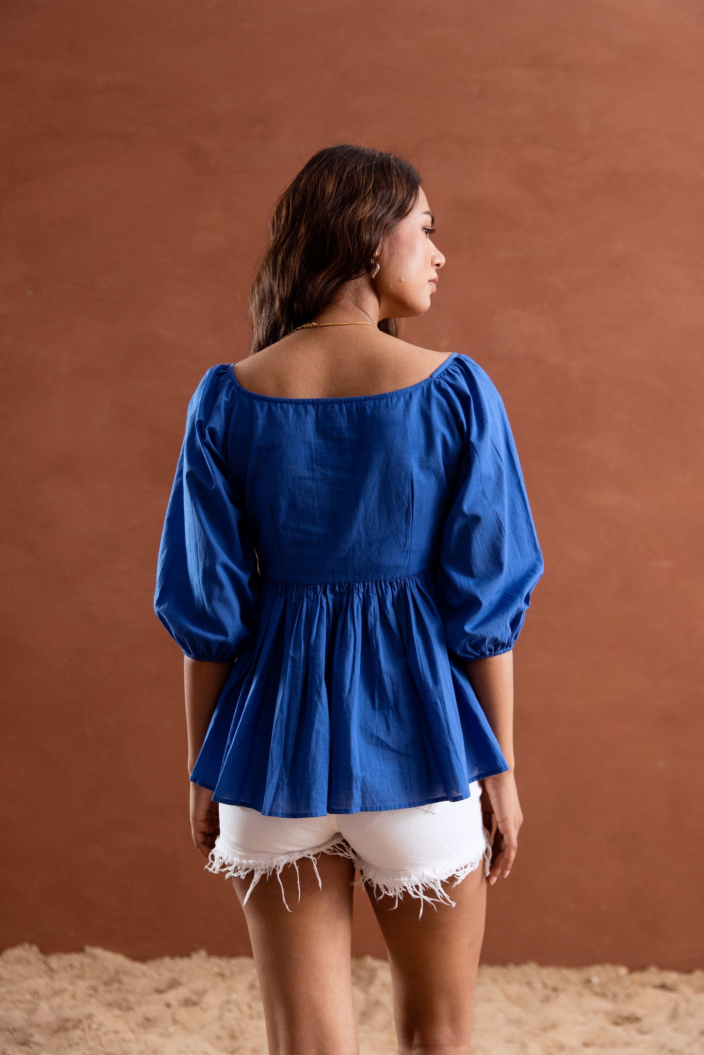 Blue Solid Sleeved Top