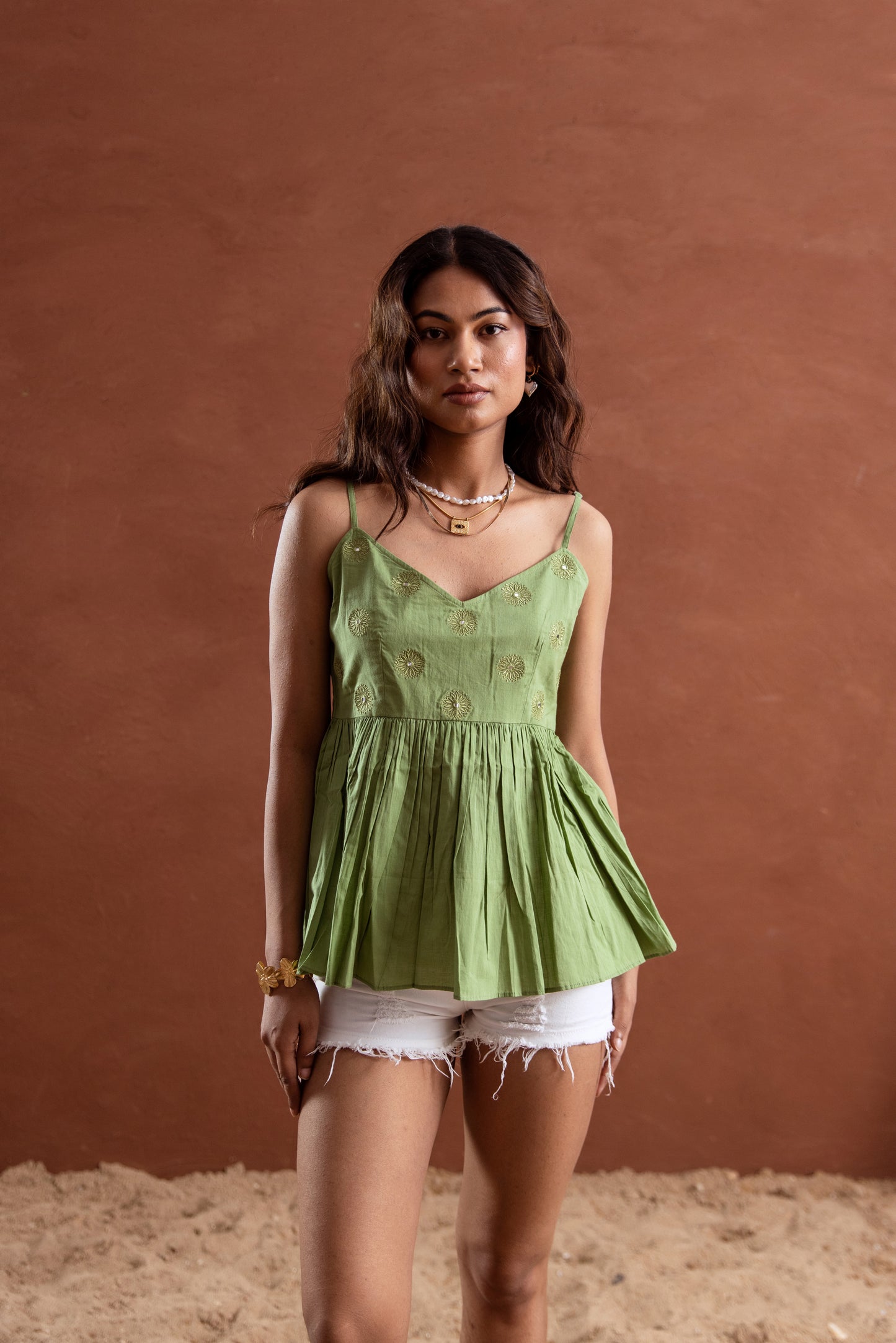 Green Solid Strappy Top