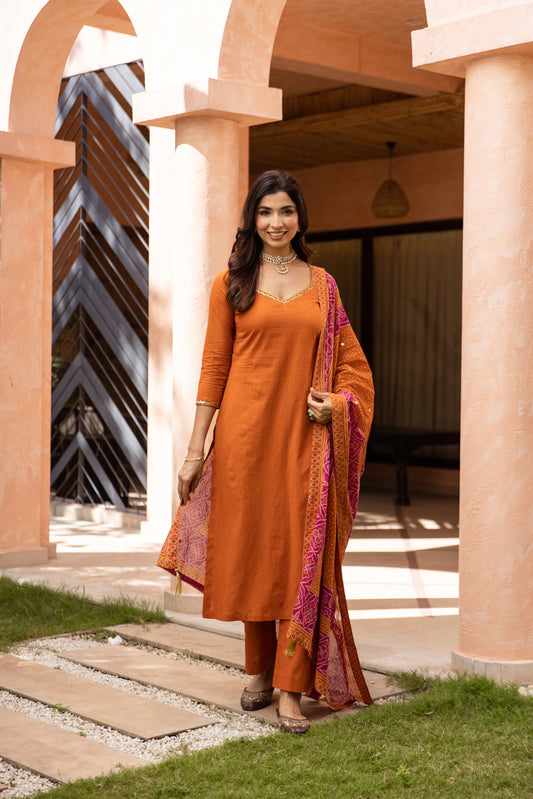 Gerua Sleeved - Straight Cut Suit (Orange)