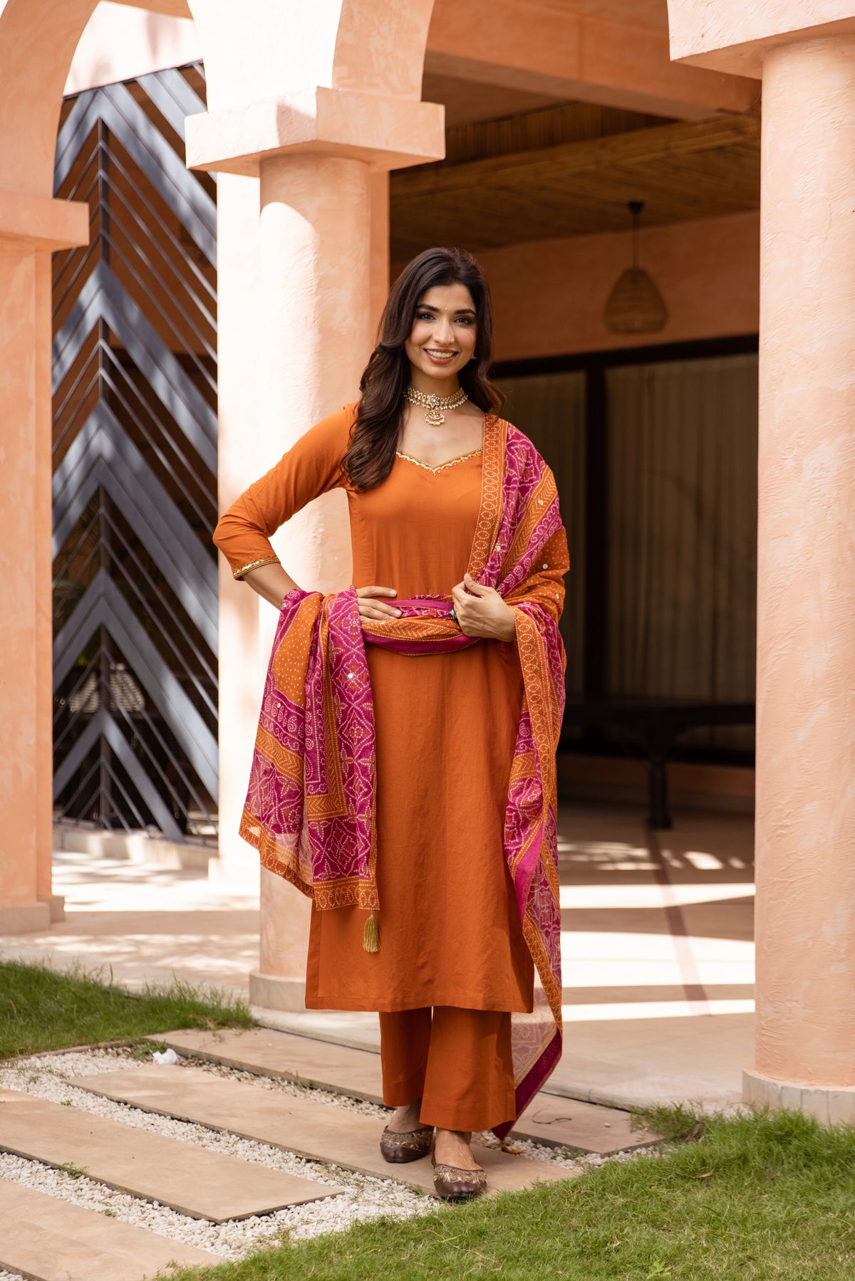 Gerua Sleeved - Straight Cut Suit (Orange)