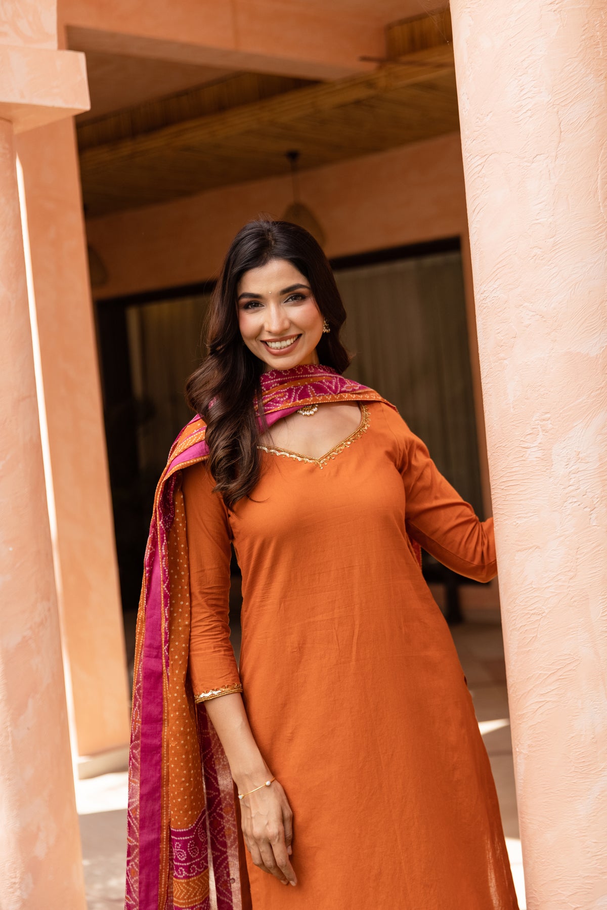 Gerua Sleeved - Straight Cut Suit (Orange)