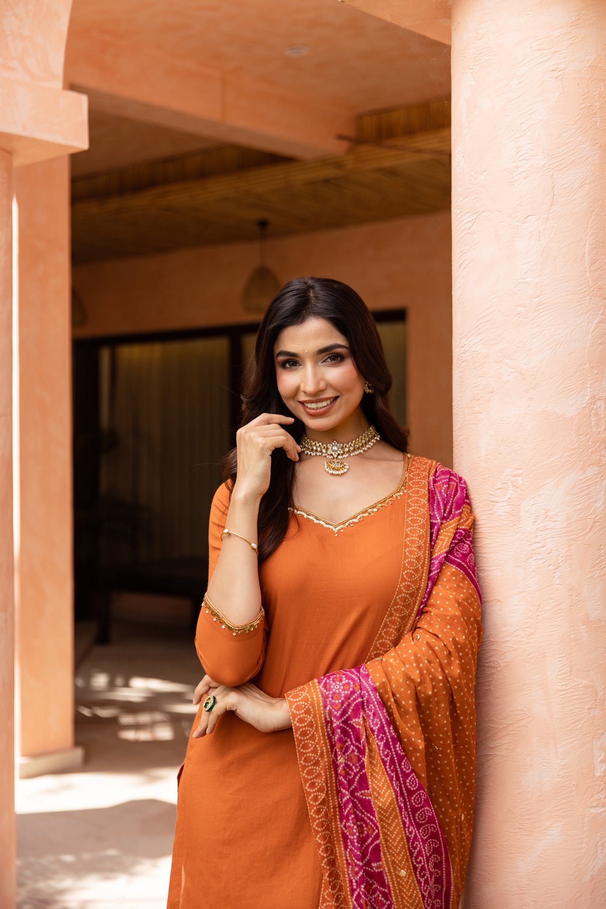 Gerua Sleeved - Straight Cut Suit (Orange)
