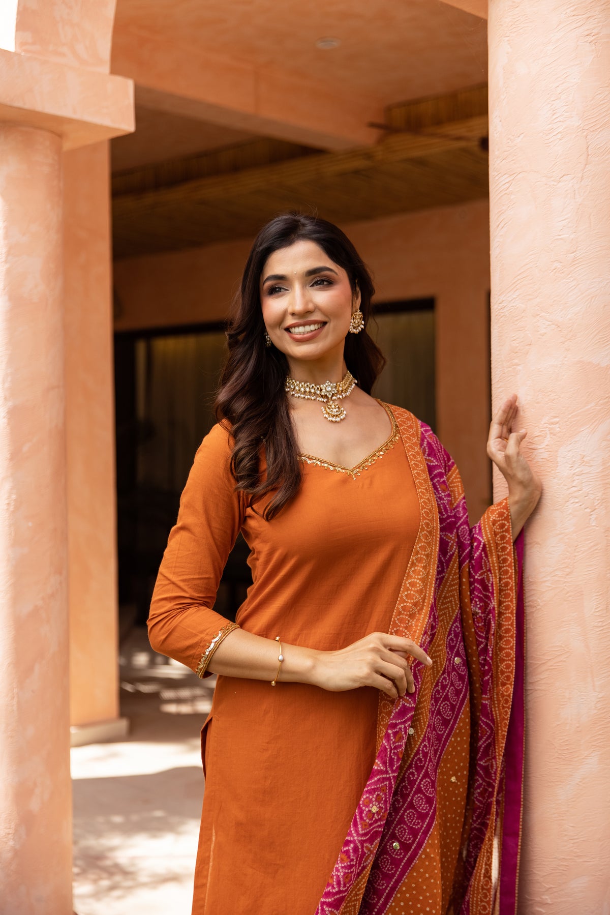 Gerua Sleeved - Straight Cut Suit (Orange)