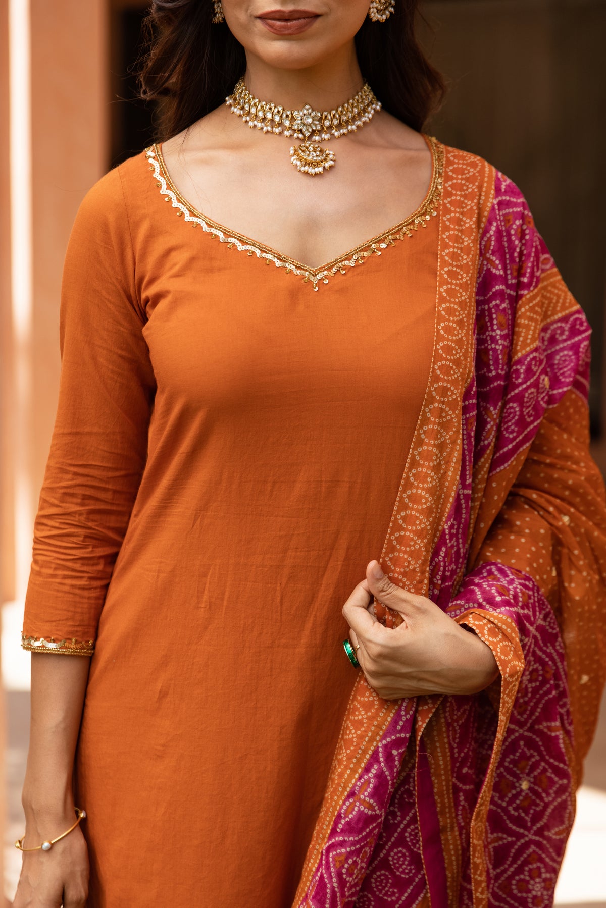 Gerua Sleeved - Straight Cut Suit (Orange)
