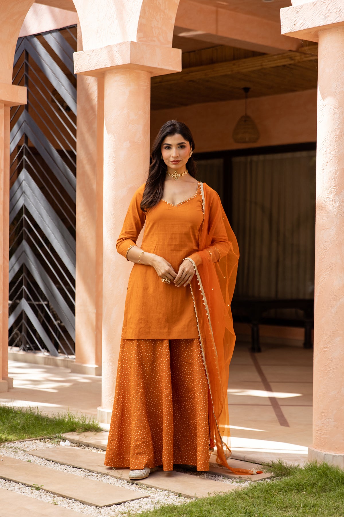 Gerua Sleeved - Sharara Set (Orange)