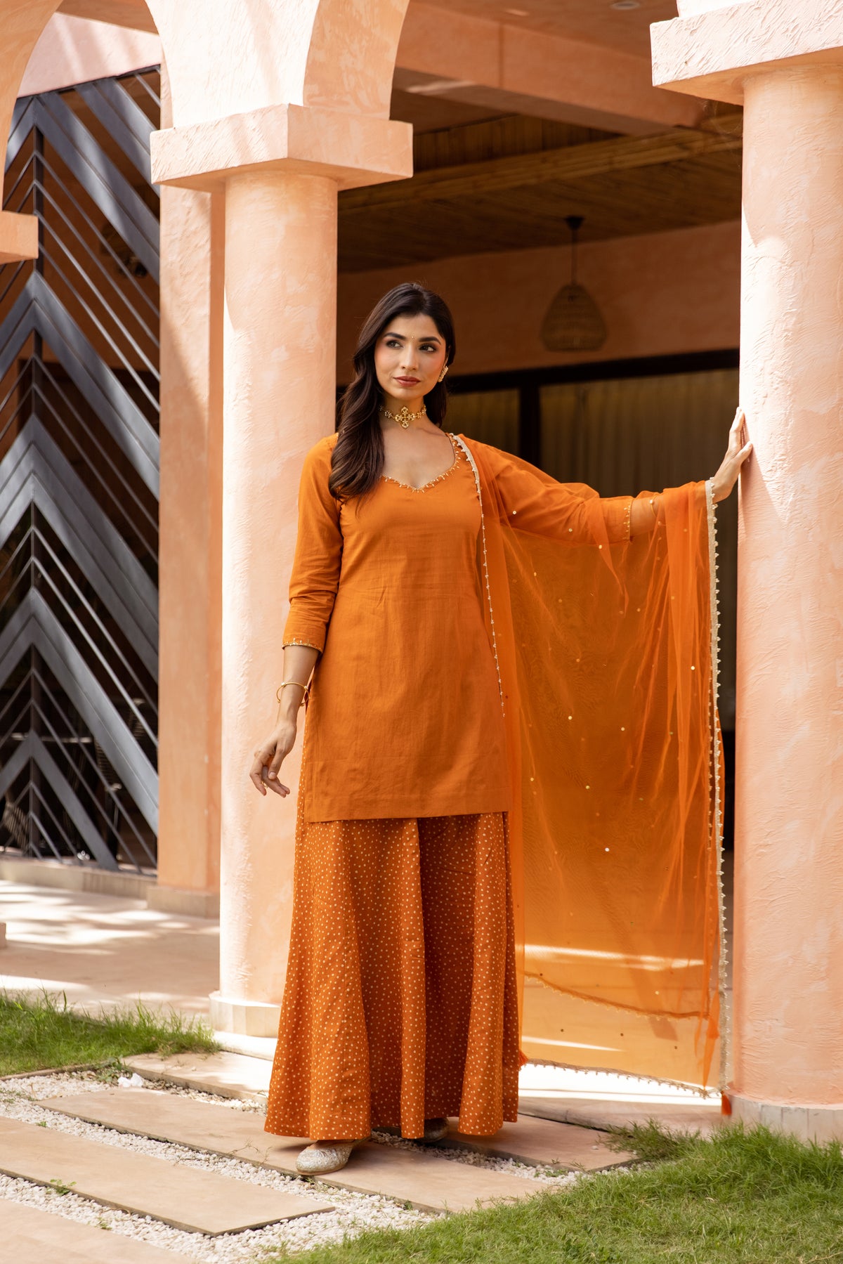 Gerua Sleeved - Sharara Set (Orange)
