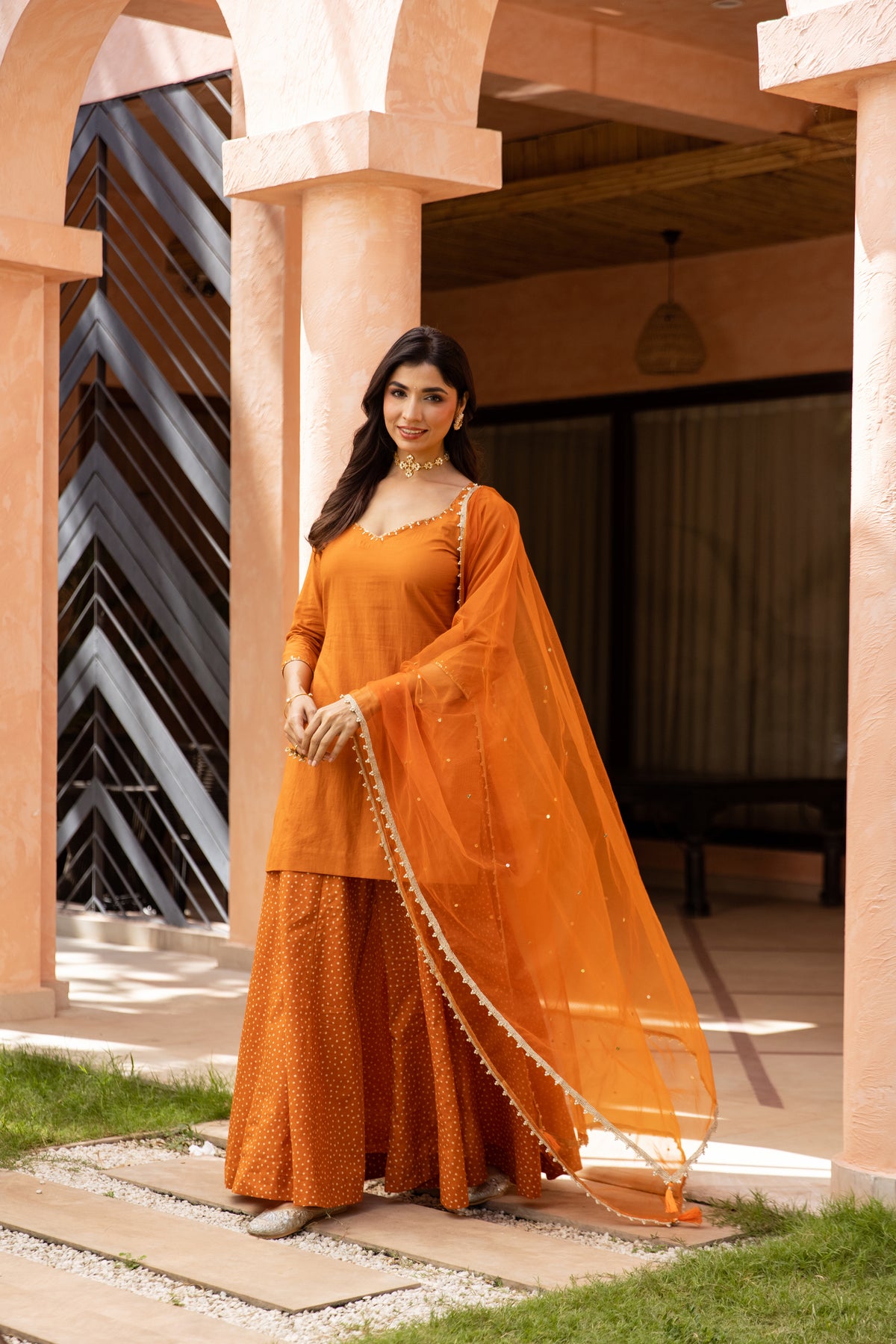 Gerua Sleeved - Sharara Set (Orange)