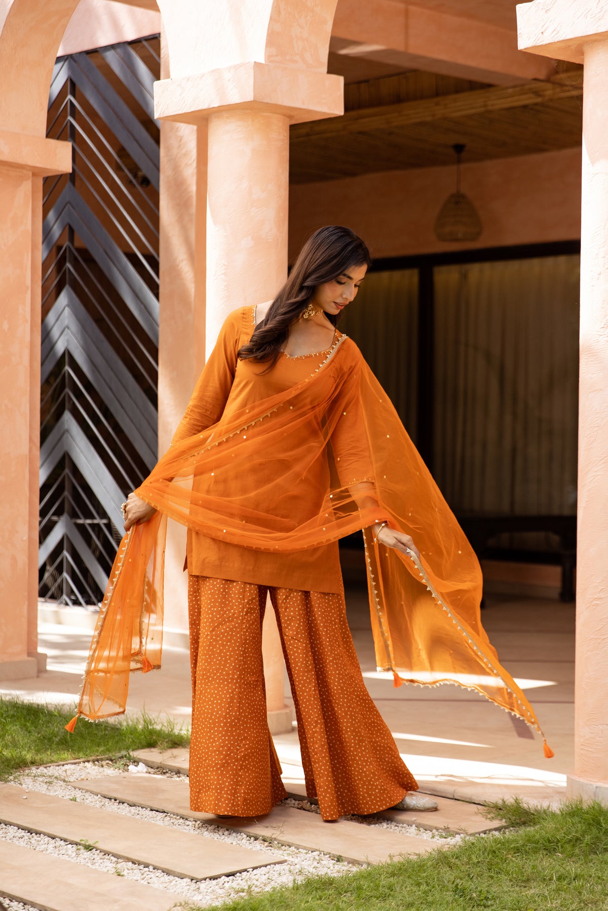 Gerua Sleeved - Sharara Set (Orange)