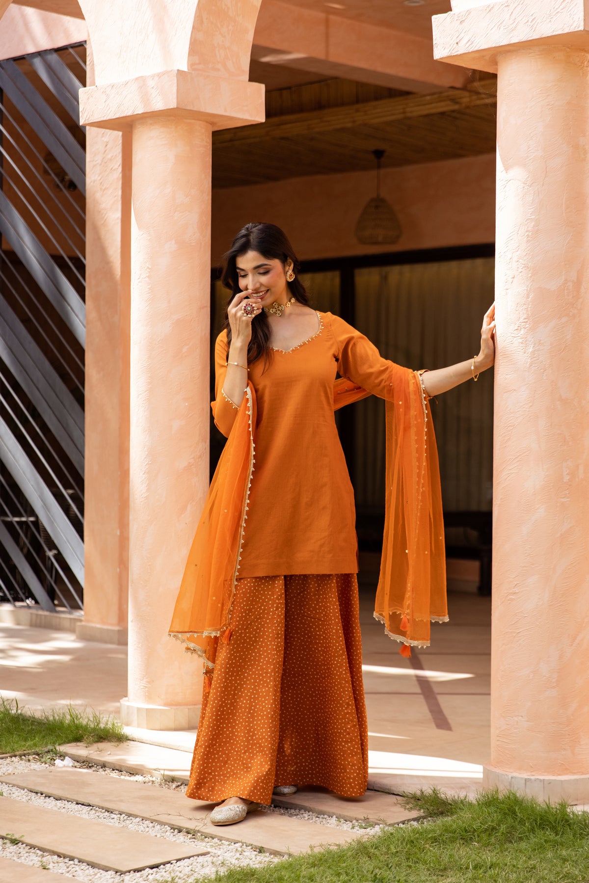 Gerua Sleeved - Sharara Set (Orange)