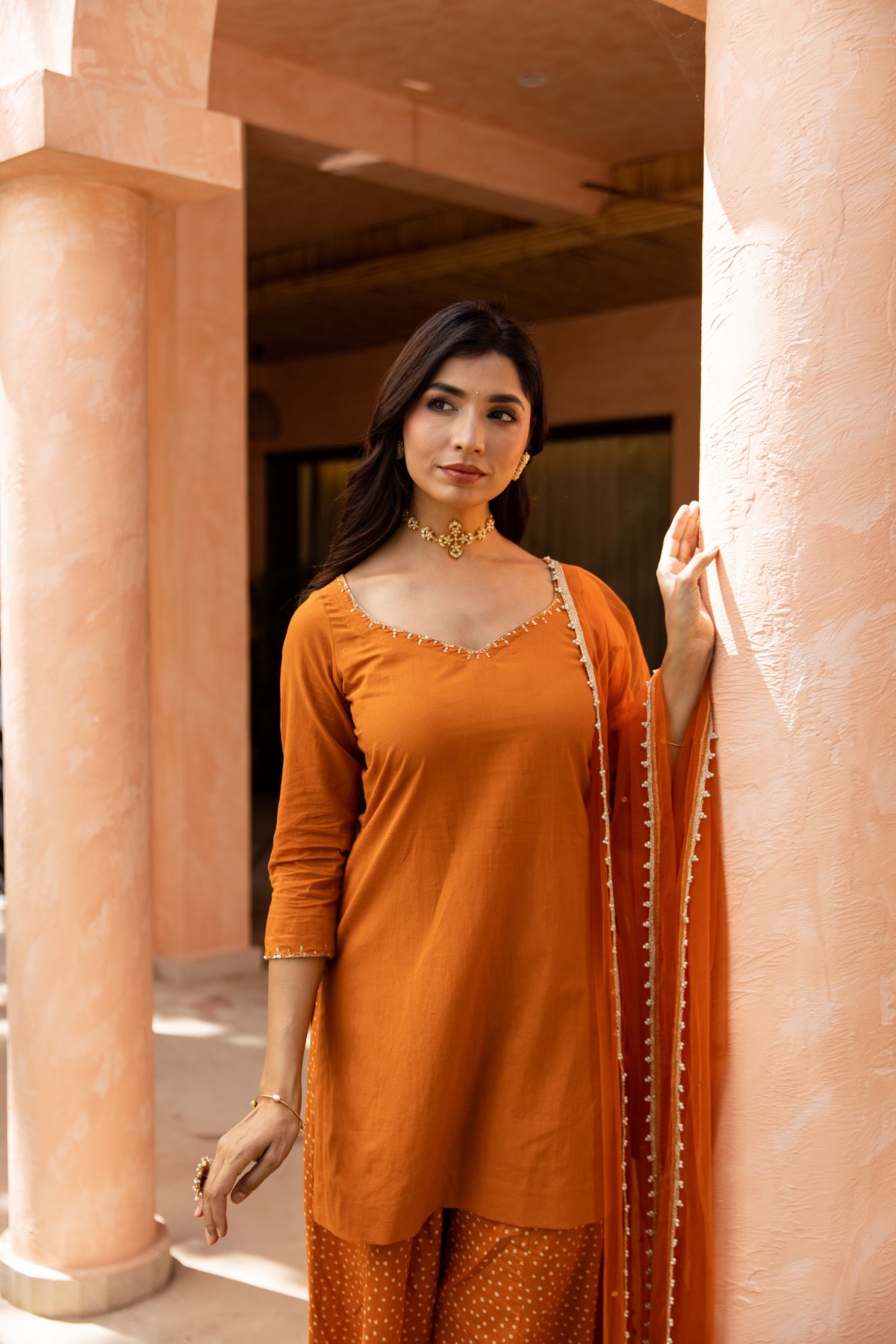 Gerua Sleeved - Sharara Set (Orange)